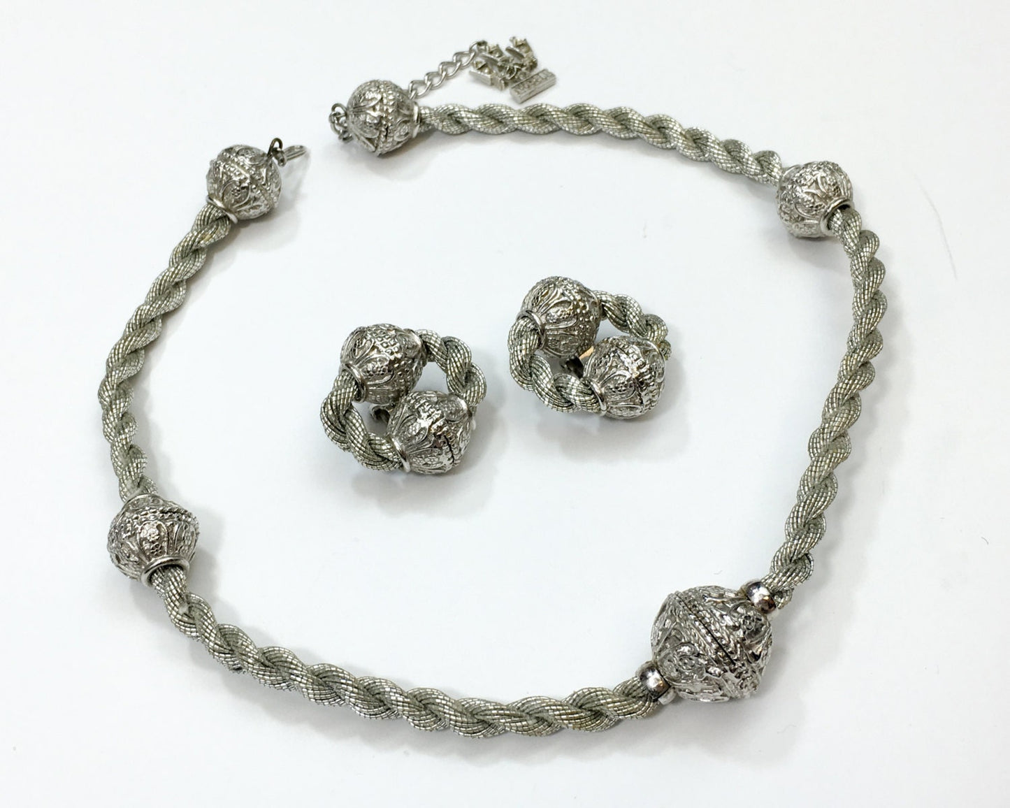 Vintage Mosell Silver Metal Necklace & Earrings Set | 1960s Choker