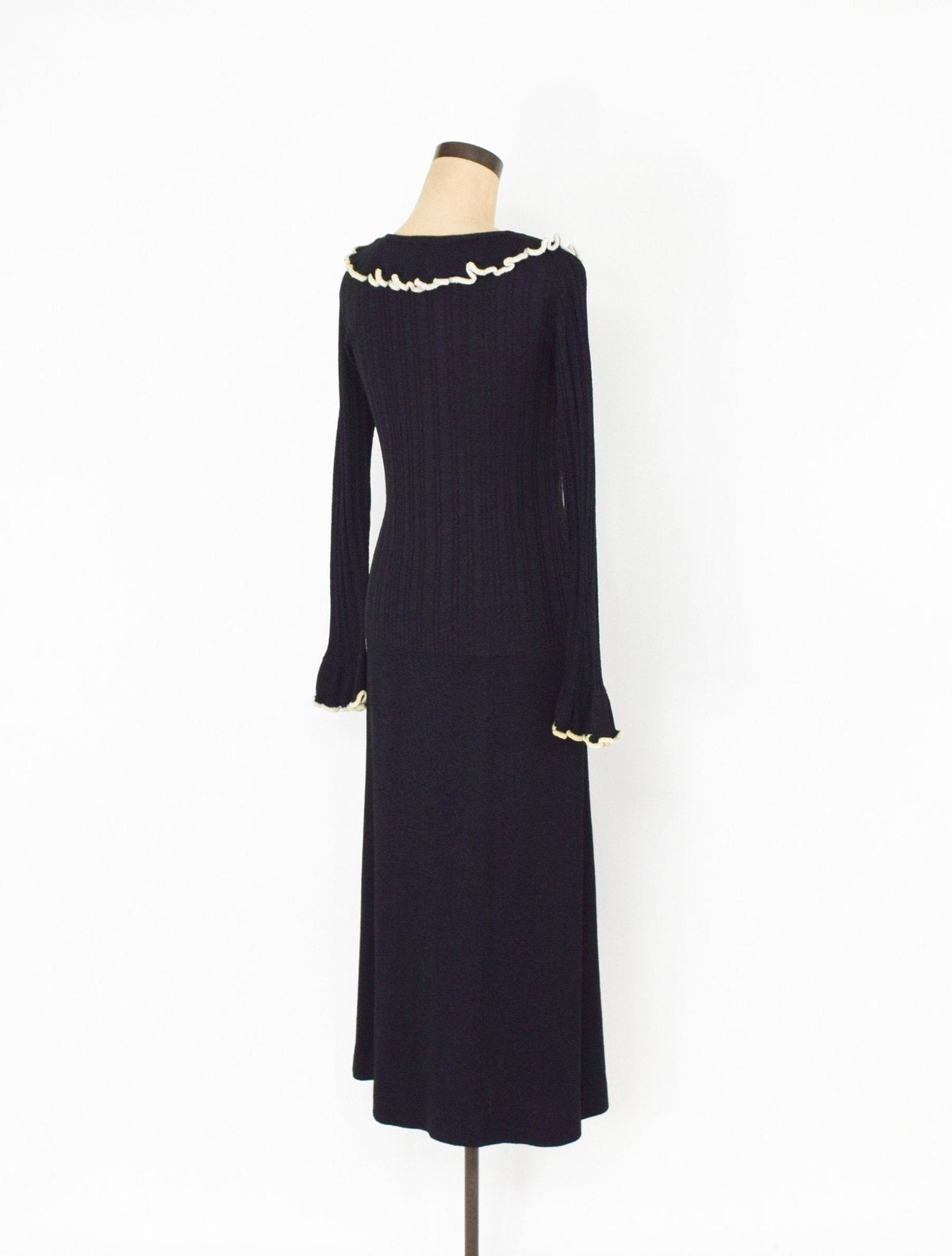 1970s Black Knit Sweater Skirt Set | Ruffle Trim, Medium