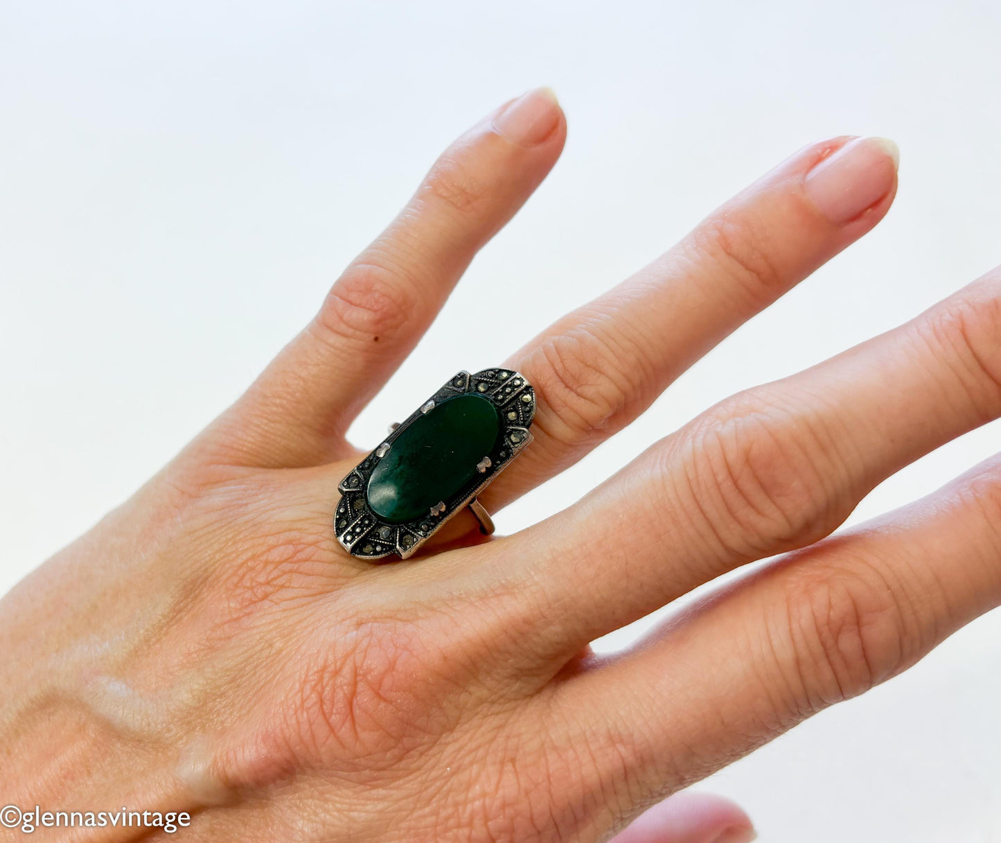 1930s Art Deco Green Onyx Sterling Silver Marcasite Ring, Size 5 3/4