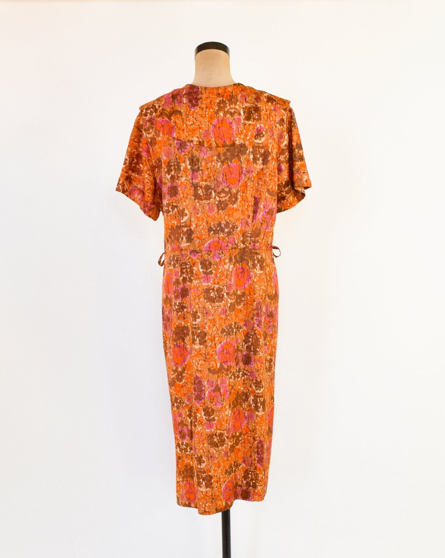 1950s Orange Floral Print Day Dress, Extra Large
