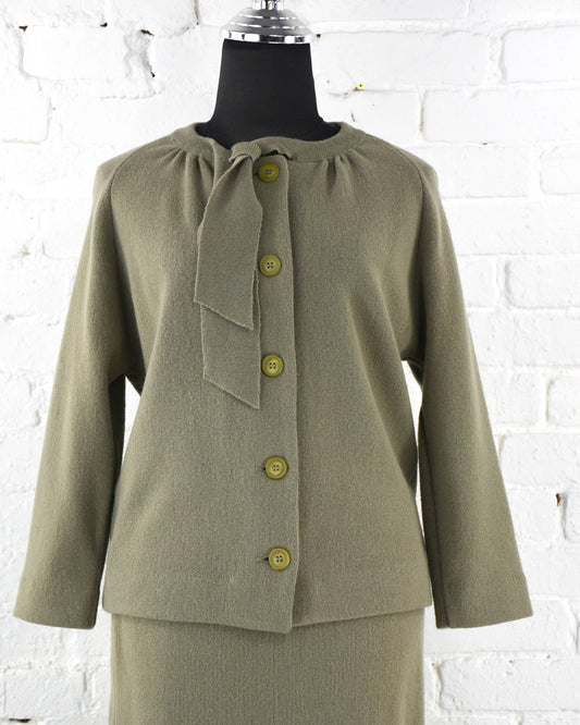 1960s Sage Green Wool Knit Skirt Suit: Mohair Blend, Medium
