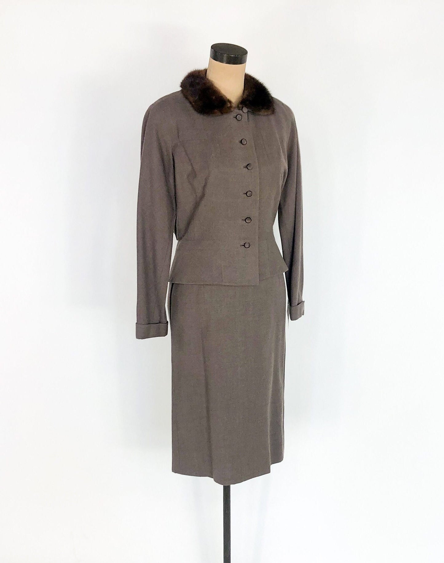 1940s Brown Wool Suit | 40s Brown Suit & Mink Collar | Medium