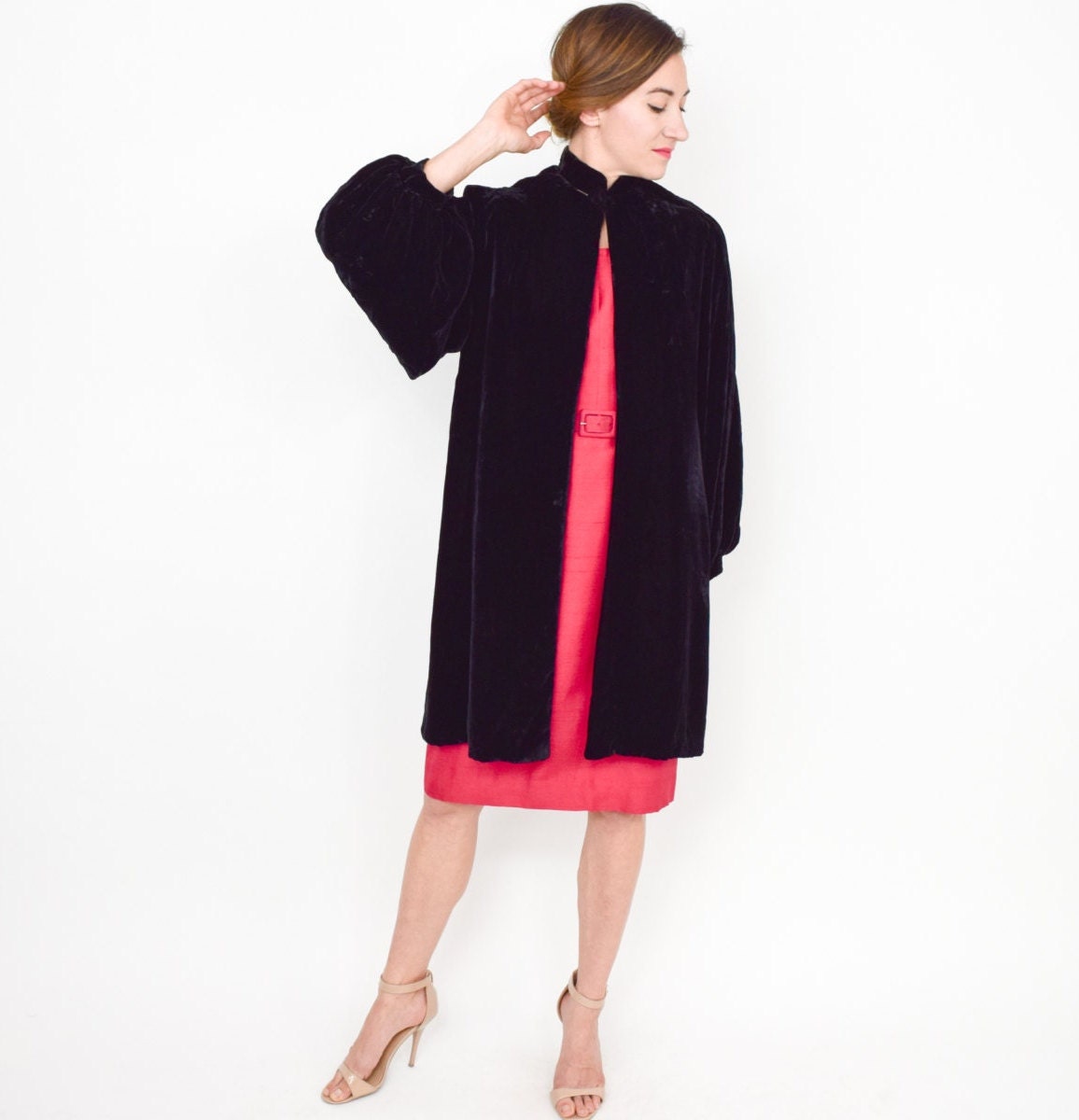 1930s Black Silk Velvet Evening Coat with Bishop Sleeves, Medium