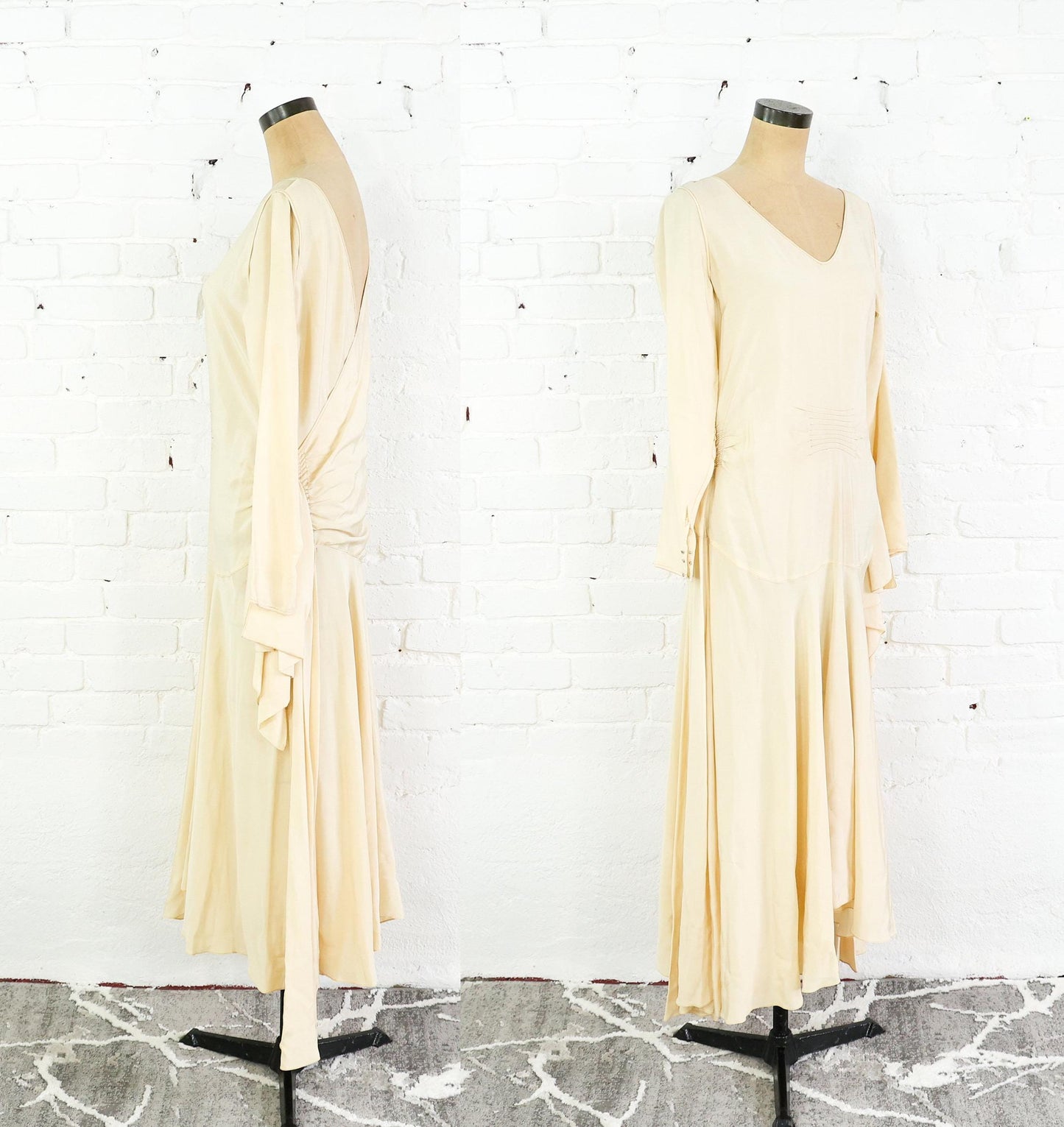 1930s Ivory Creme Silk Evening Dress, Long Sleeve Bridal Gown , Medium