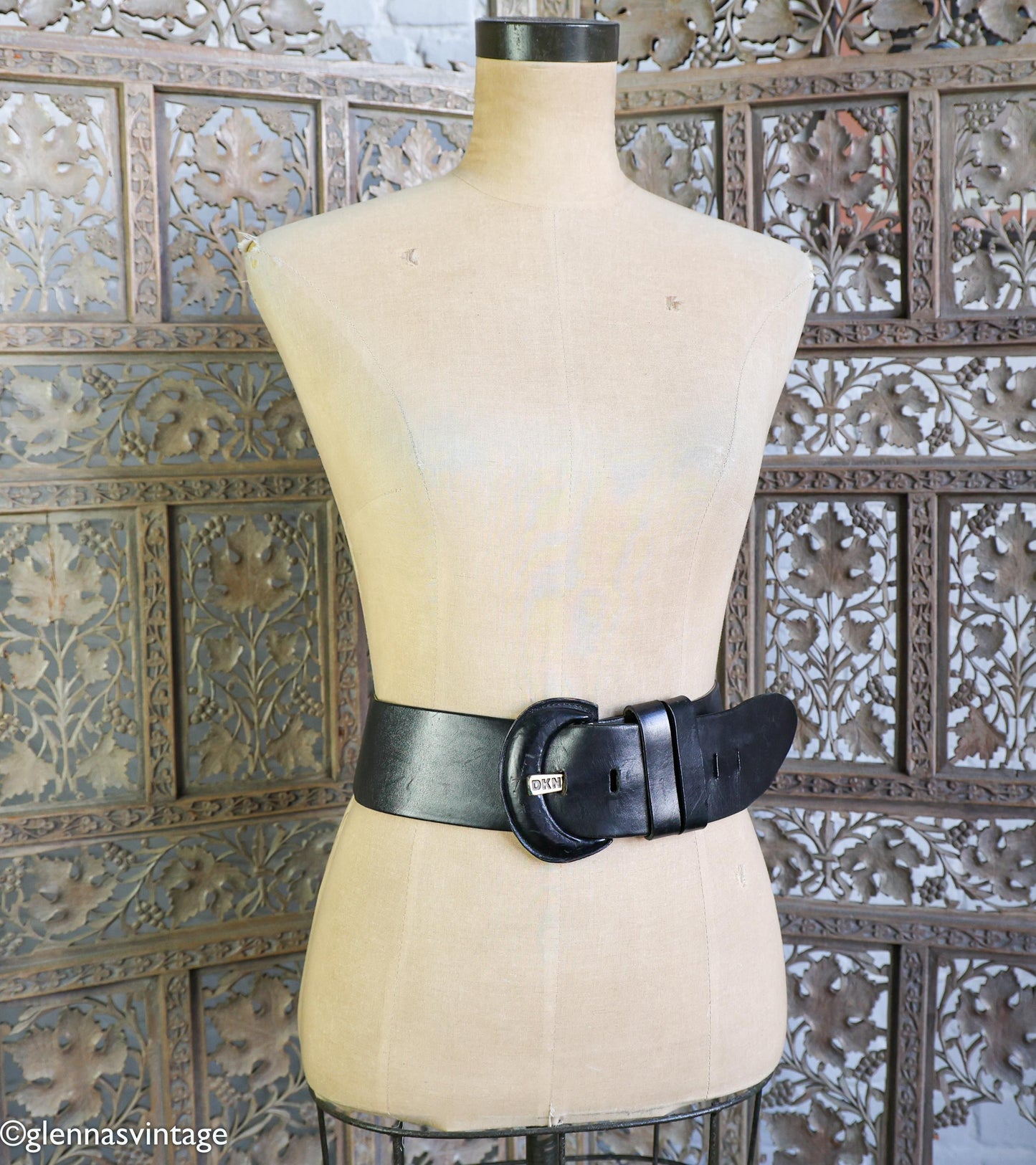 1980s Black Wide Leather Belt, DKNY, Medium