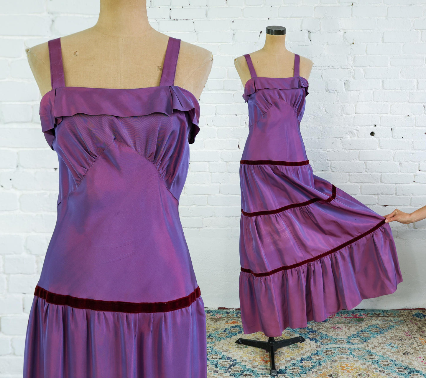 1930s Iridescent Purple Taffeta Evening Gown with Velvet Trim, Small