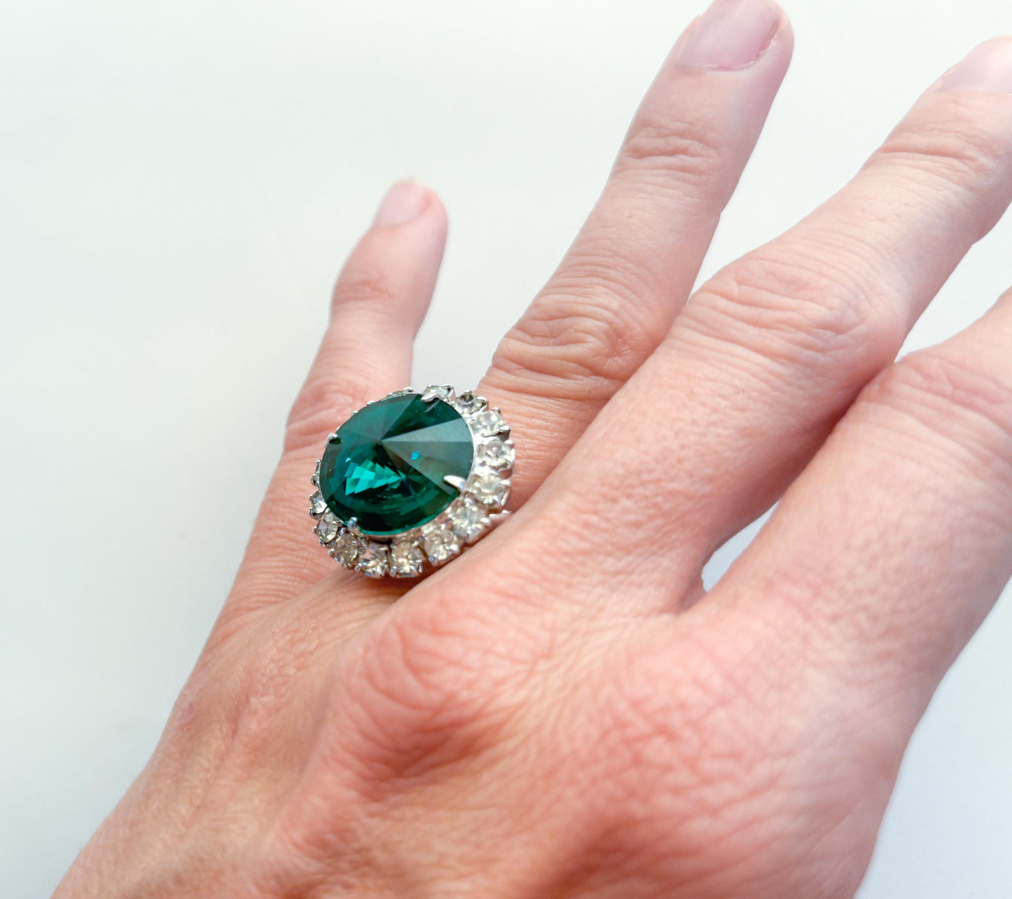 1950s Green Cocktail Ring, Vintage Adjustable Rhinestone Ring
