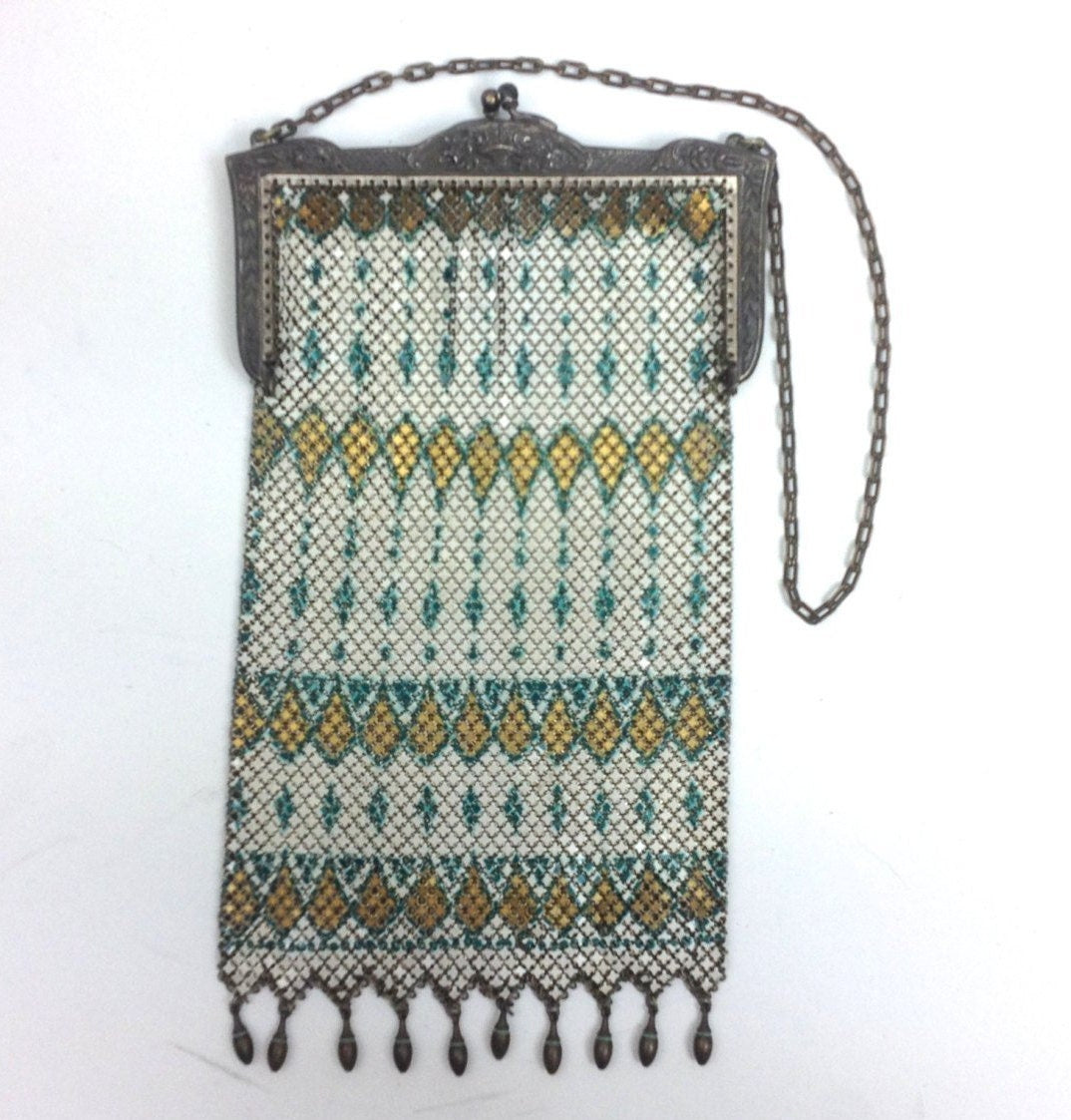 1900s White & Green Mesh Evening Bag | White  Gold Green Enamel Mesh Purse | Mandalin