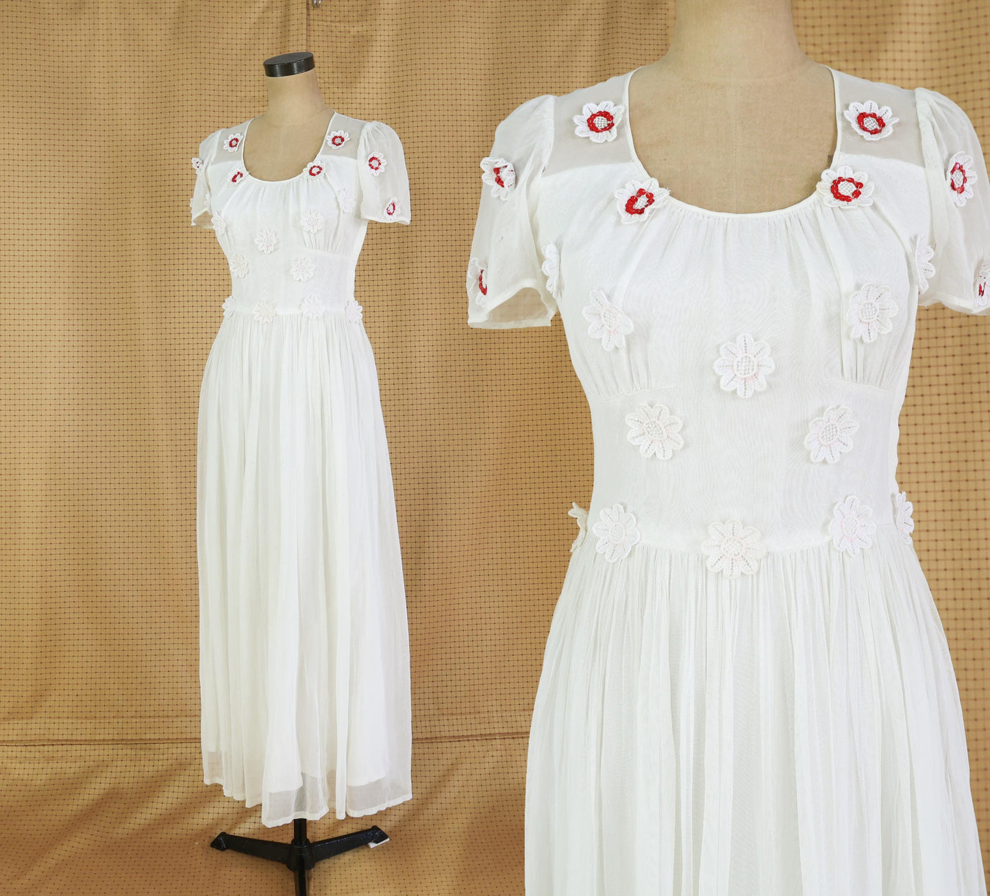 1930s White Lace Flower Evening Gown, Vintage Wedding, Small