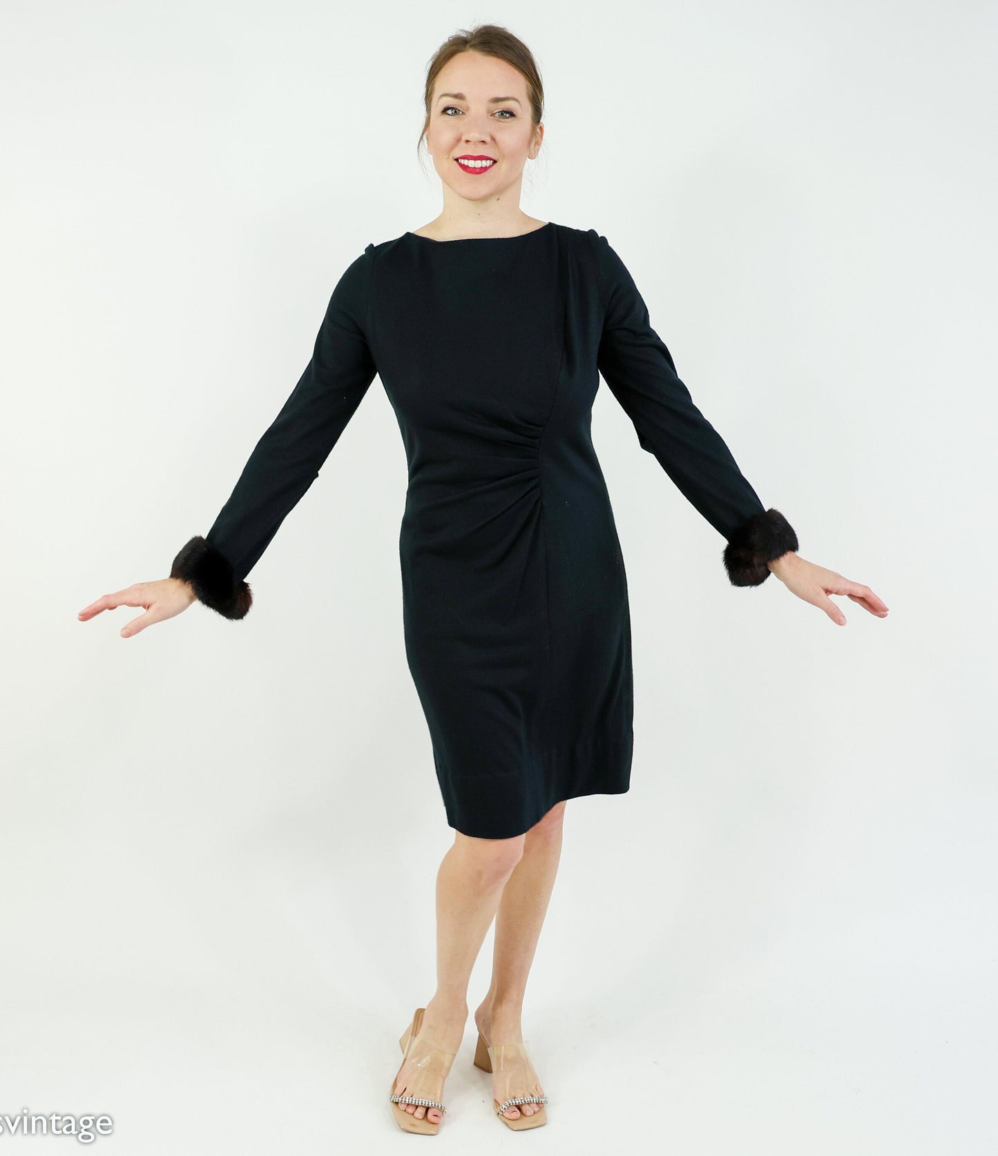 1960s Black Wool Fur Cuff Dress | 60s Black Wool Knit Cocktail Dress | Medium
