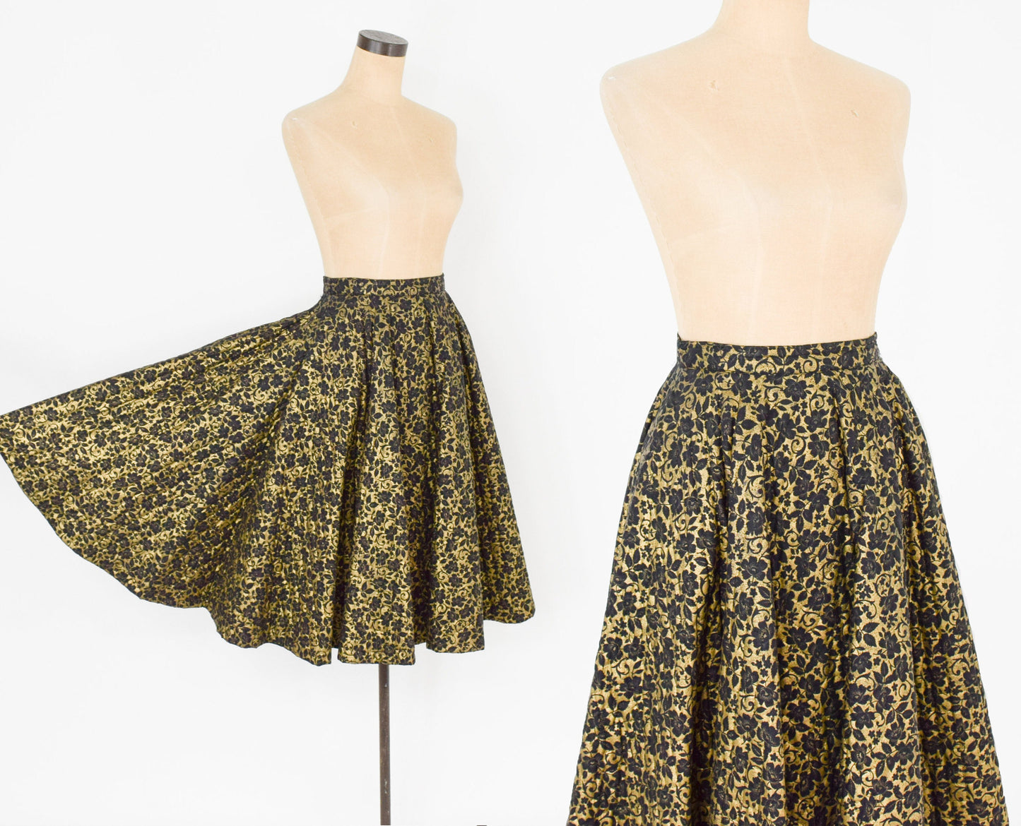 1950s Black Quilted Circle Skirt | 50s Black & Gold Quilted Swing Skirt | Mc Arthur Ltd. | X Small
