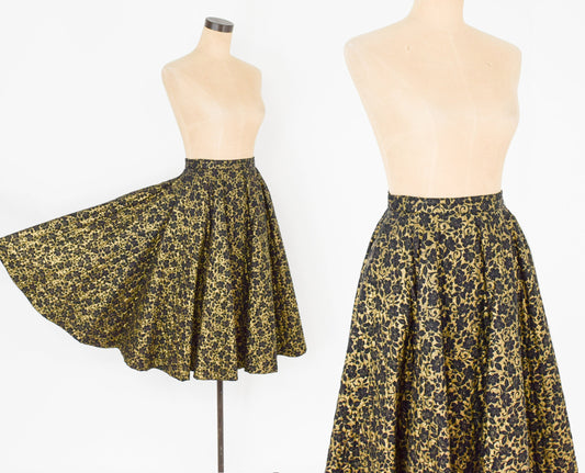 1950s Black Quilted Circle Skirt | 50s Black & Gold Quilted Swing Skirt | Mc Arthur Ltd. | X Small