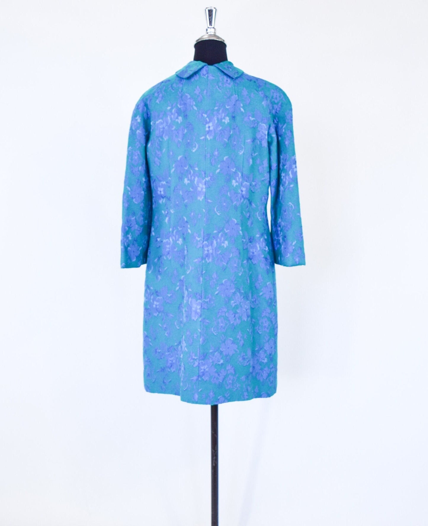 1960s Blue Brocade Coat Dress Set | 60s Turquoise Blue & Lavender Floral Brocade Dress Set | Jackie O | Small