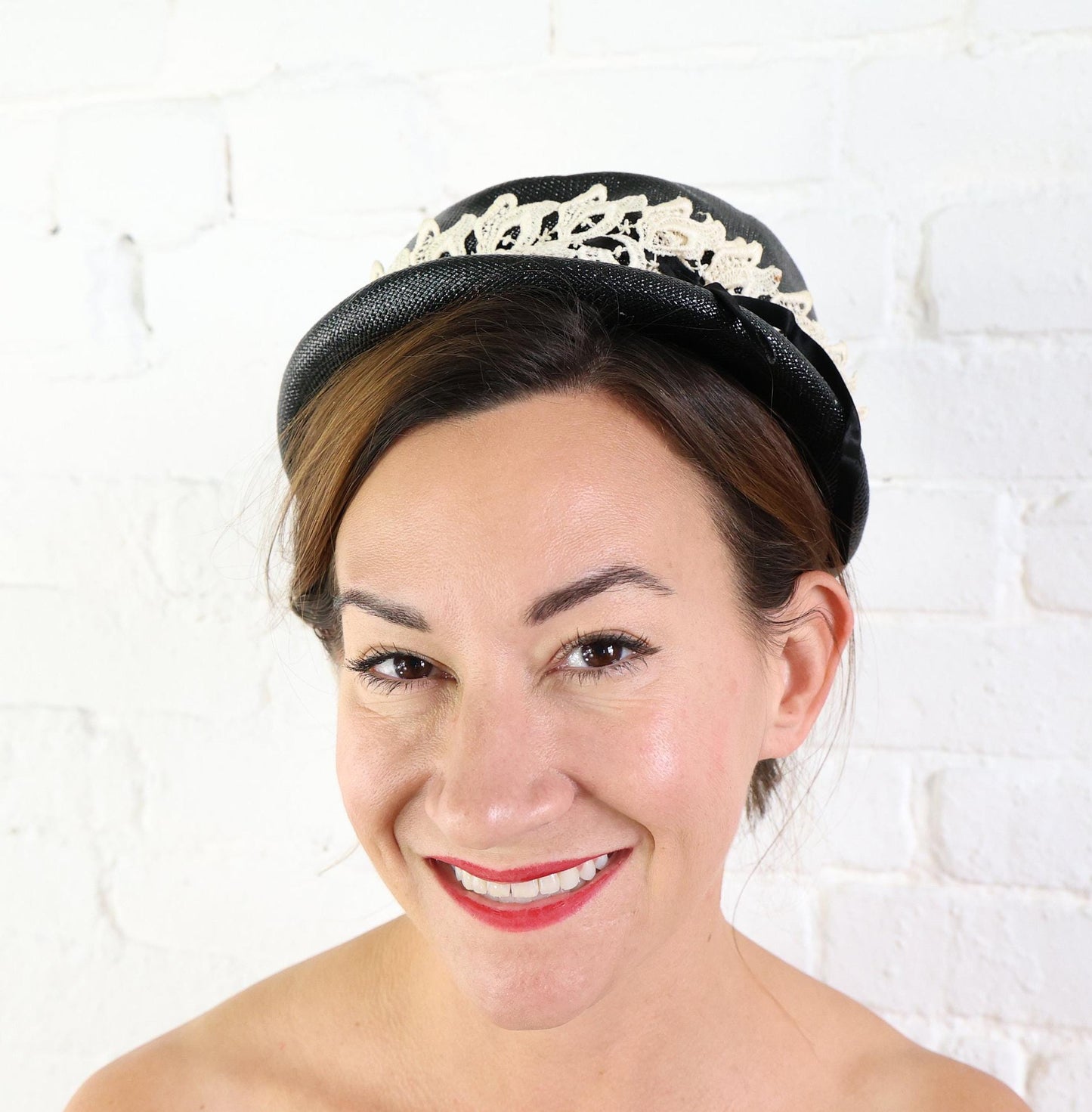 1950s Black & White Lace Straw Hat