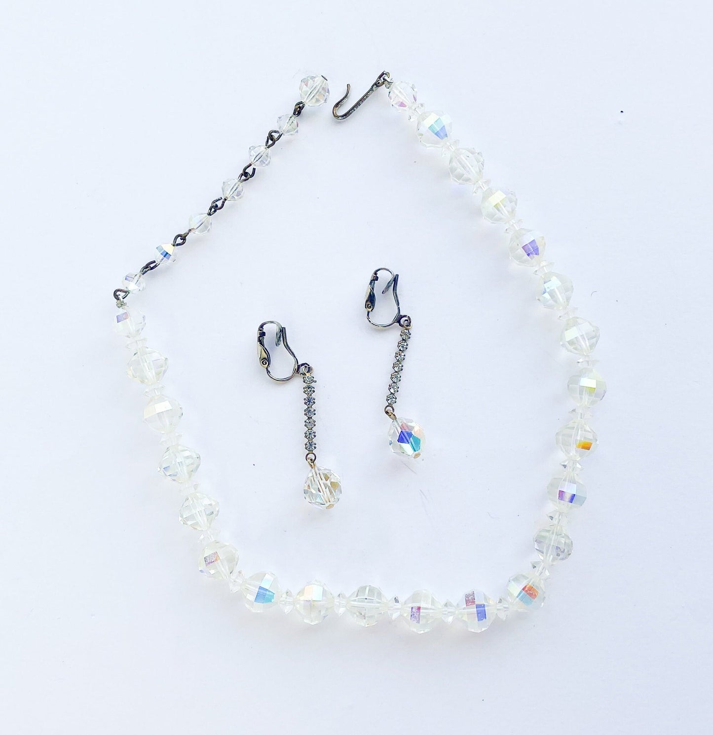 1950s Aurora Borealis Crystal Necklace & Earrings Set, Iridescent Jewelry