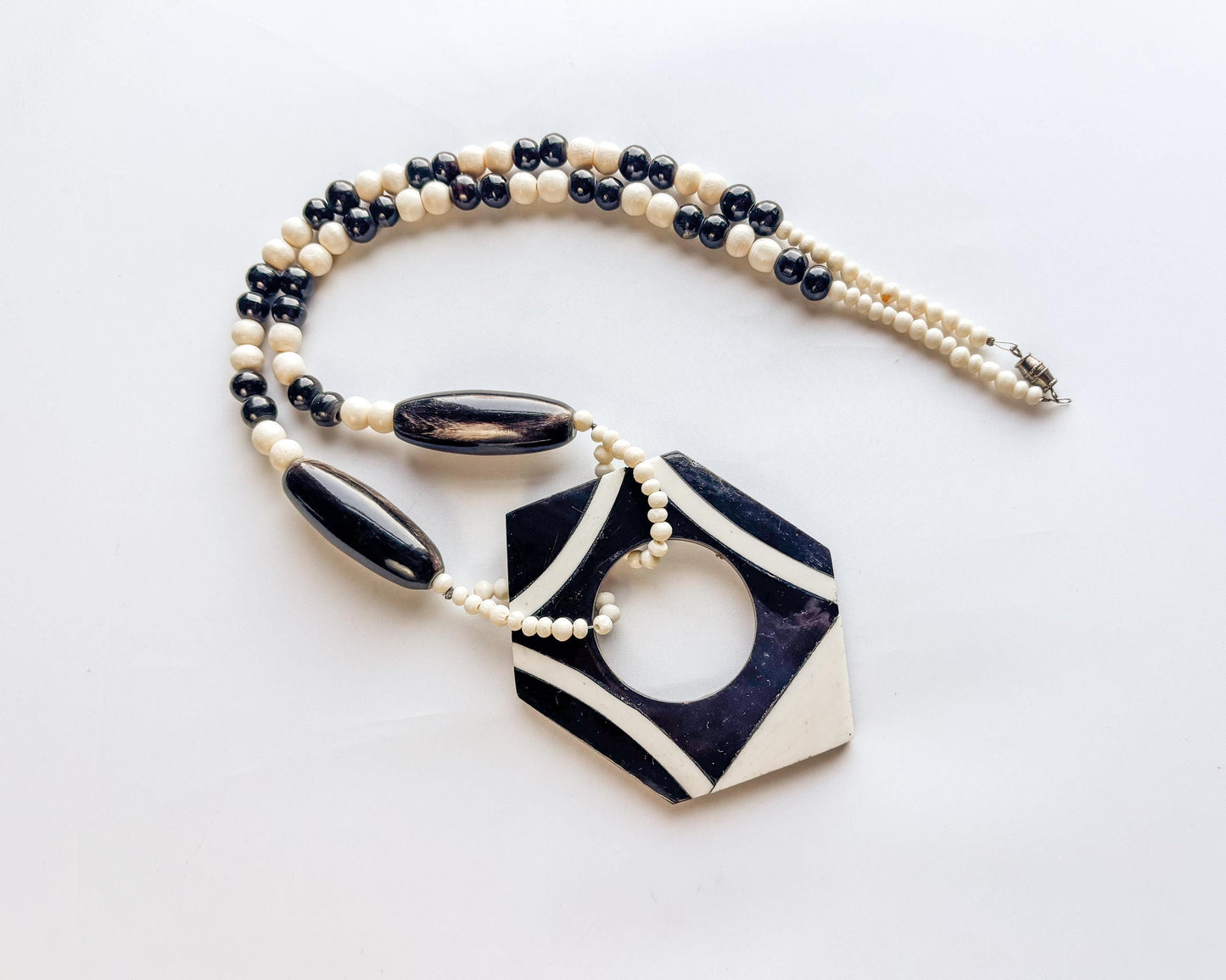 1970s Op Art Necklace | Black & White Wood Bead Plastic Pendant