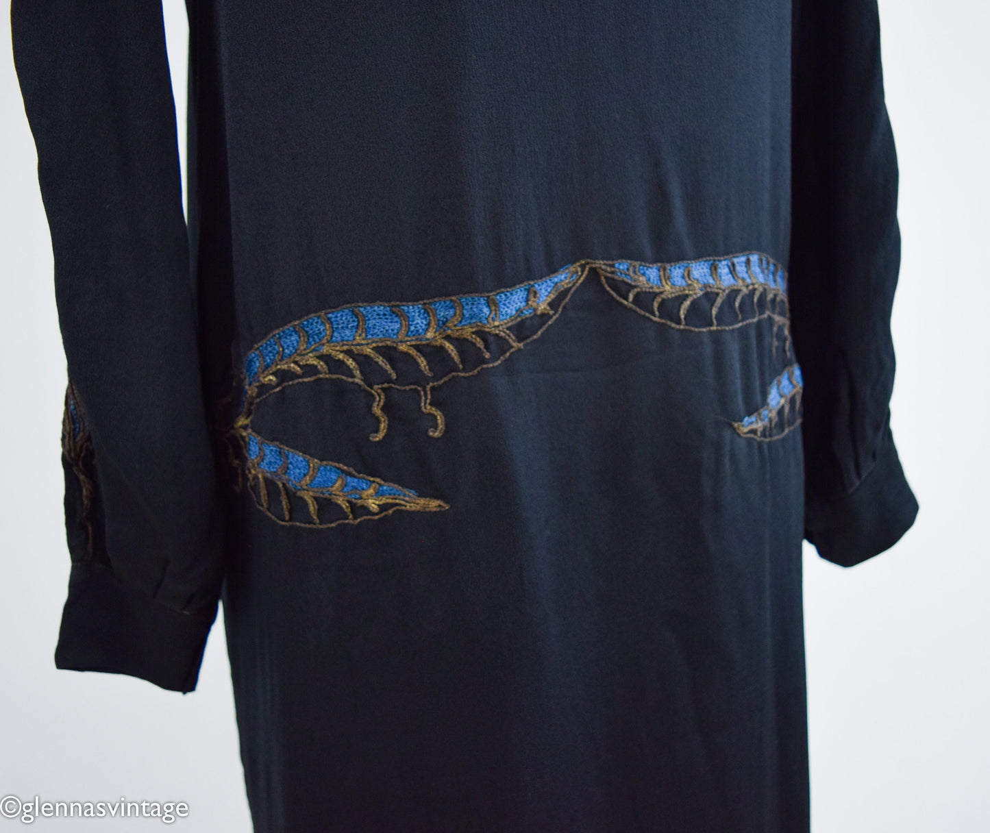 1920s Art Deco Black Silk Dress | Embroidered Drop Waist, Medium