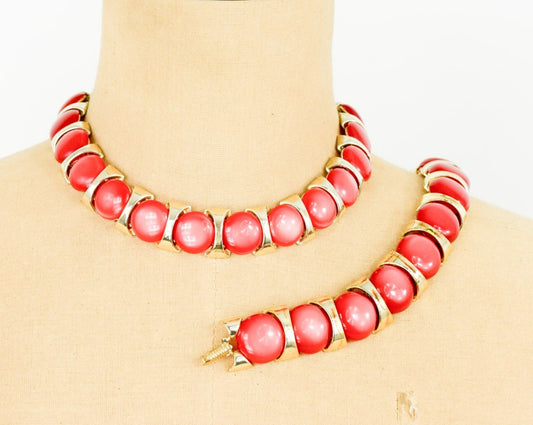 1950s Red Necklace & Bracelet | Red Plastic Circles Jewelry Set