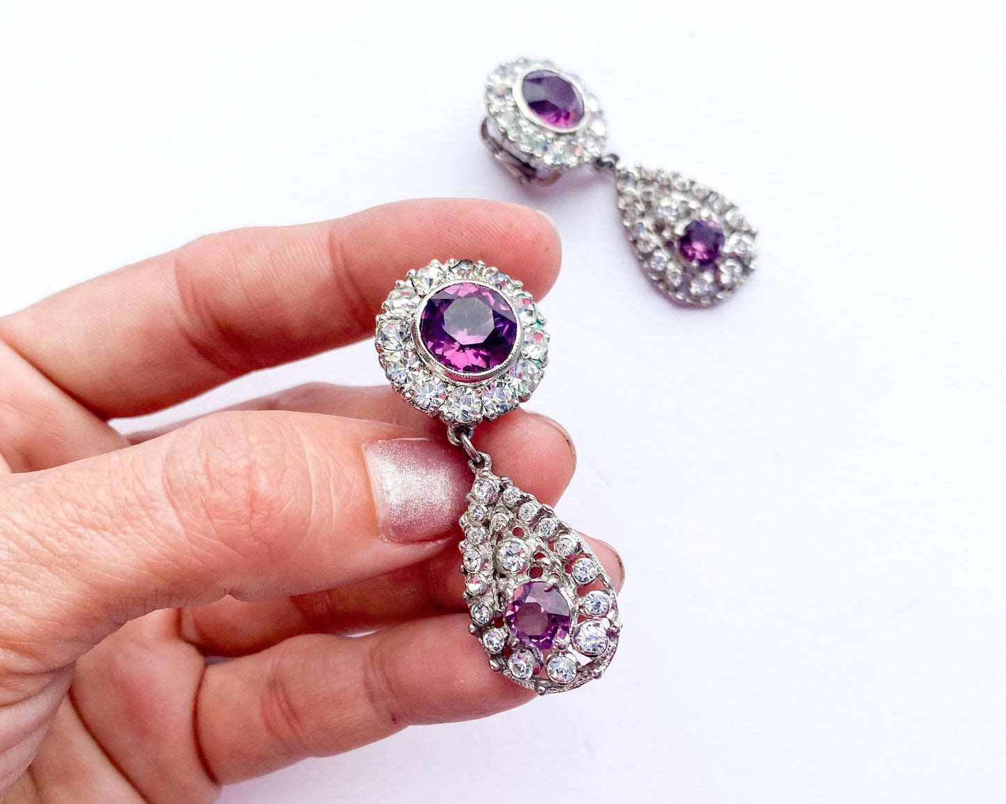 1960s Purple Rhinestone Dangle Earrings | 60s Purple & Rhinestone Drop Earrings