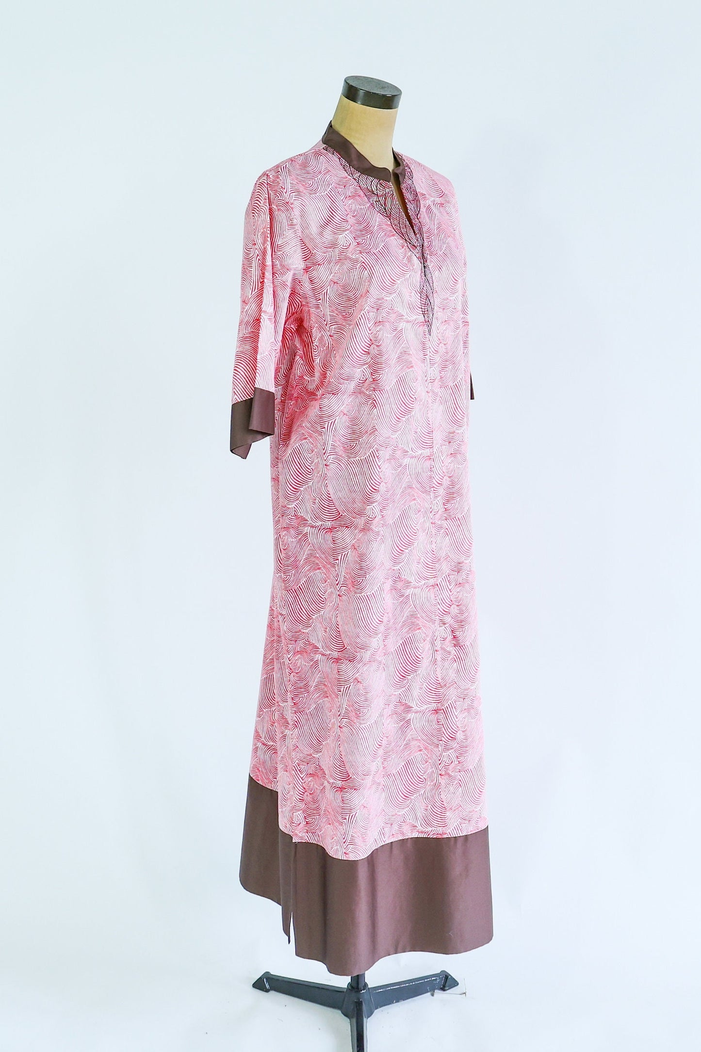 1980s Pink Cotton Caftan | 80s Pink Abstract Hostess Dress | Dressing Gown | I Magnin | Medium