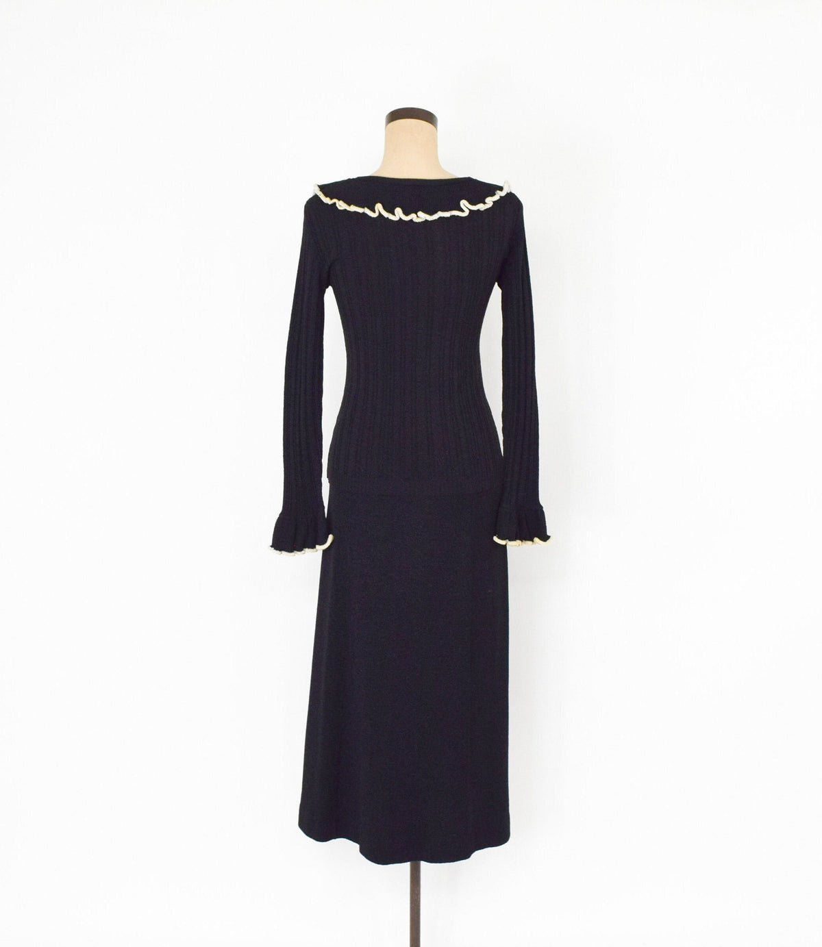 1970s Black Knit Sweater Skirt Set | Ruffle Trim, Medium