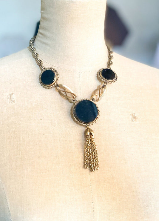 1940s Brass & Glass Pendant Necklace, Gold Black Necklace