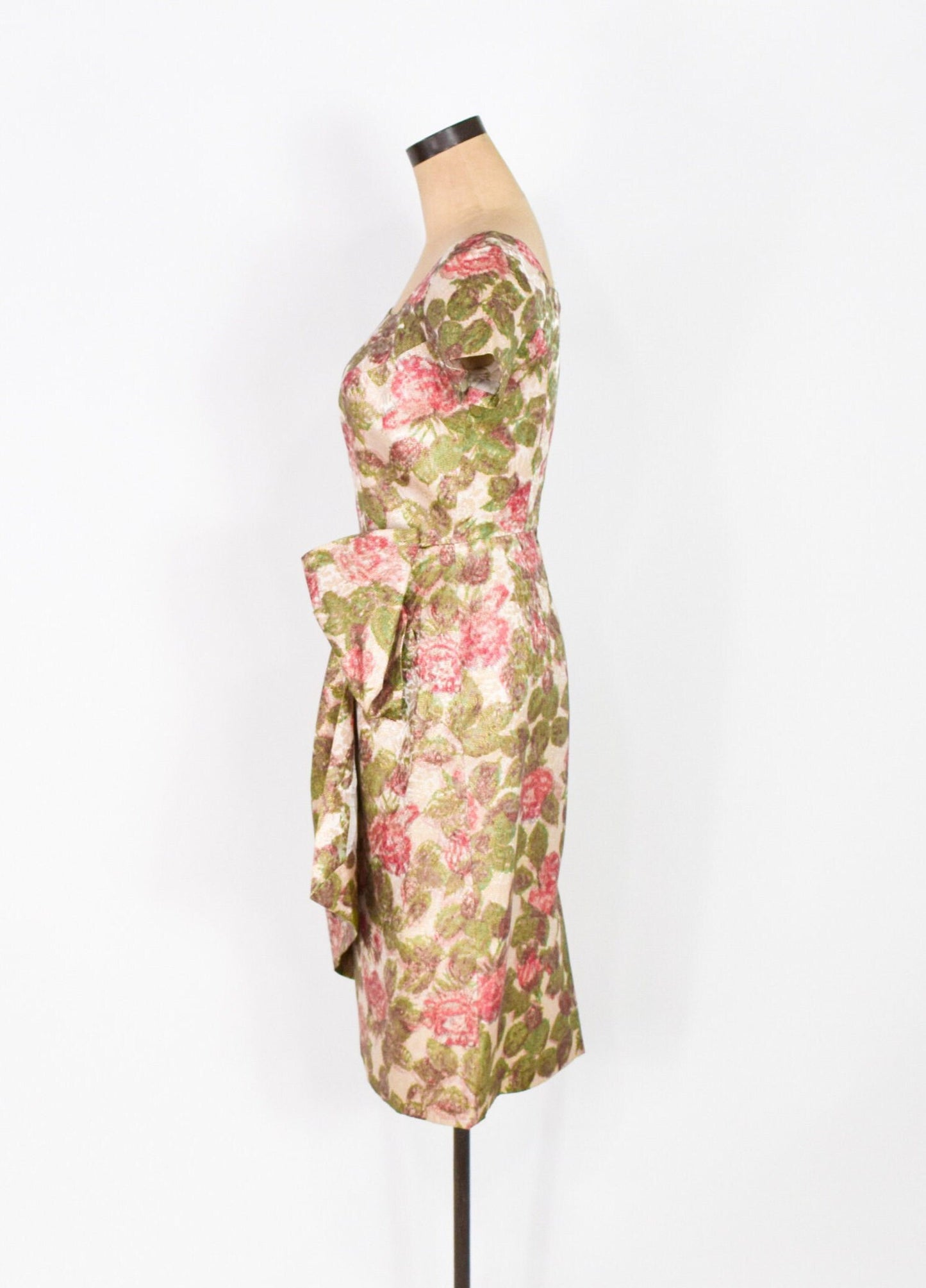 1950s Pink Green Floral Rose Print Party Dress in Brocade, Du Barry Fashion, Small