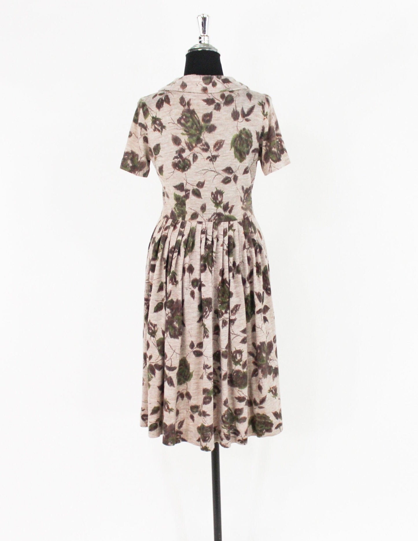 1950s Beige & Brown Floral Print Wool Dress, Small