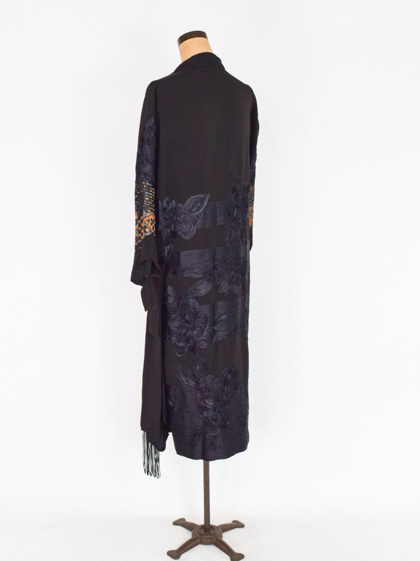 1900s Black Embroidered Crepe Wrap Dress, Downton Abbey Style, Large