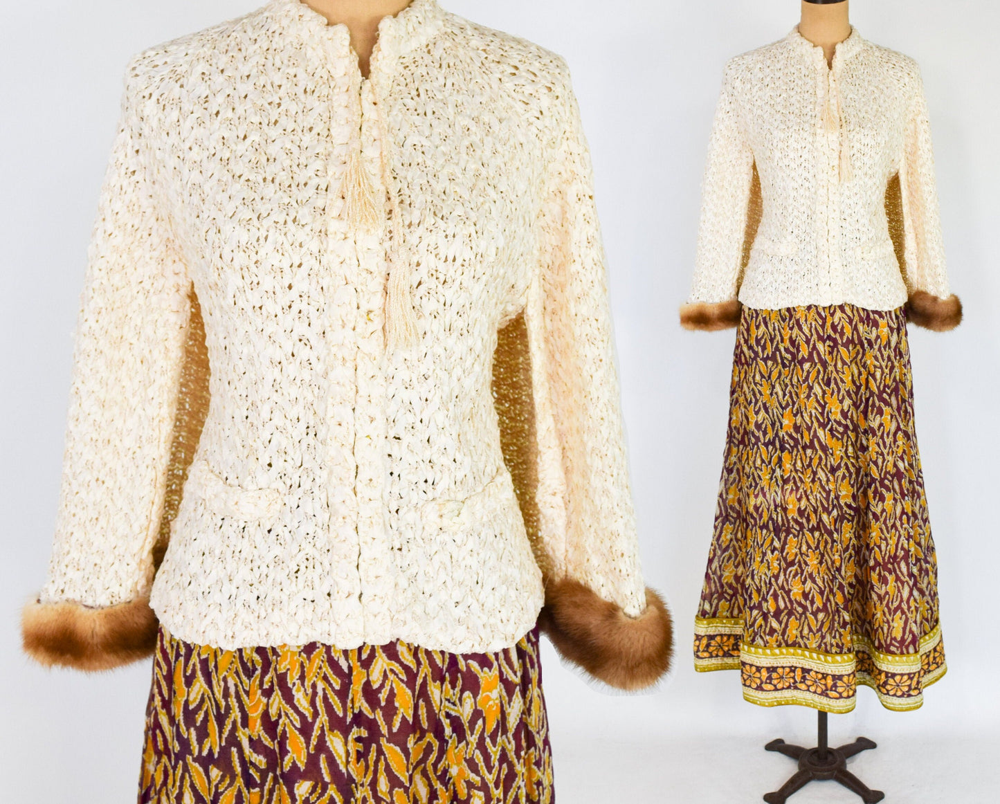 1940s Creme Crochet Ribbon Mink Trimmed Capelet |  40s Creme Silk Mink Trimmed Ribbon Cape  | One Size