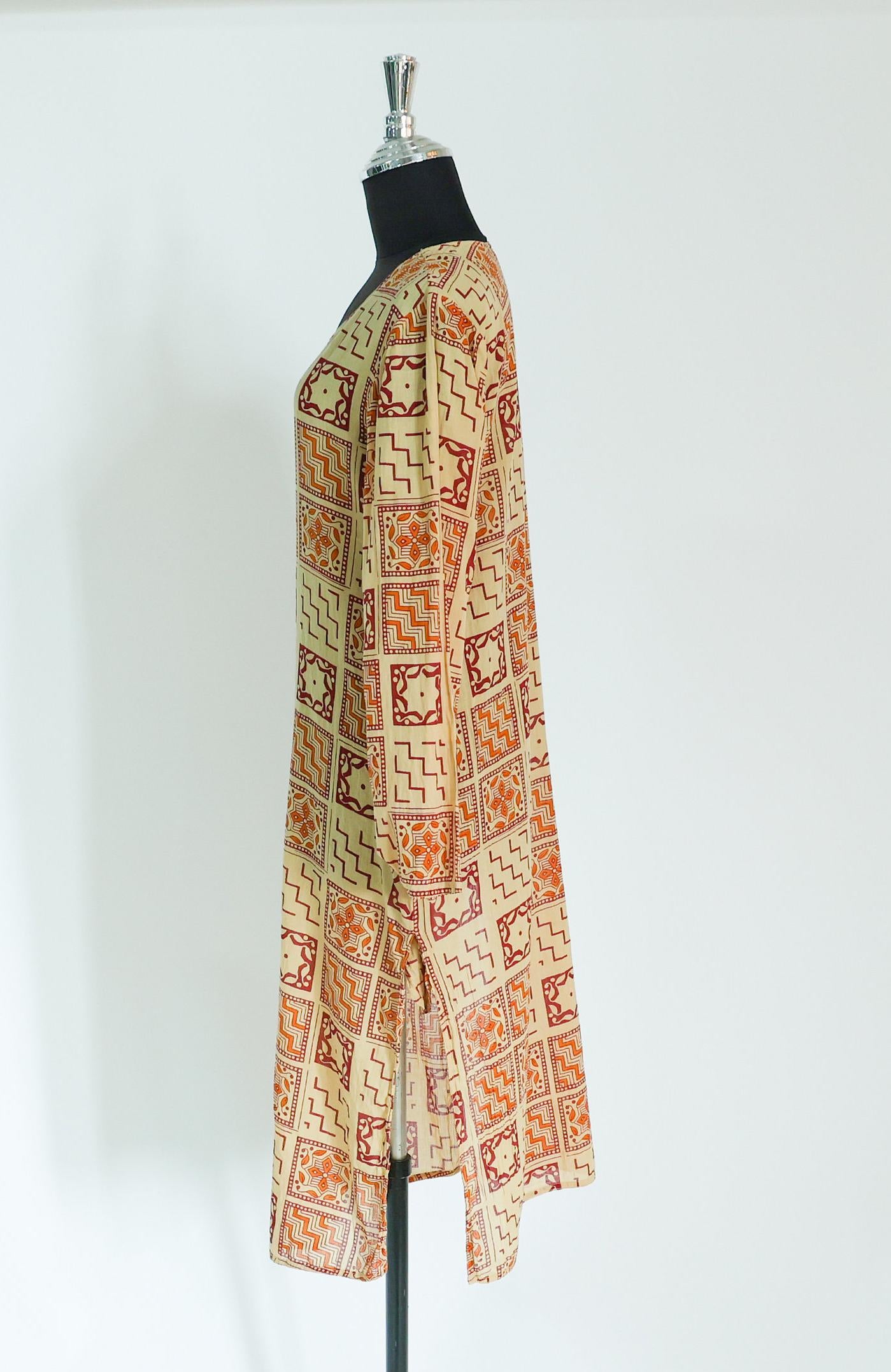 1980s Brown Print Cotton Caftan Tunic Dress, Medium