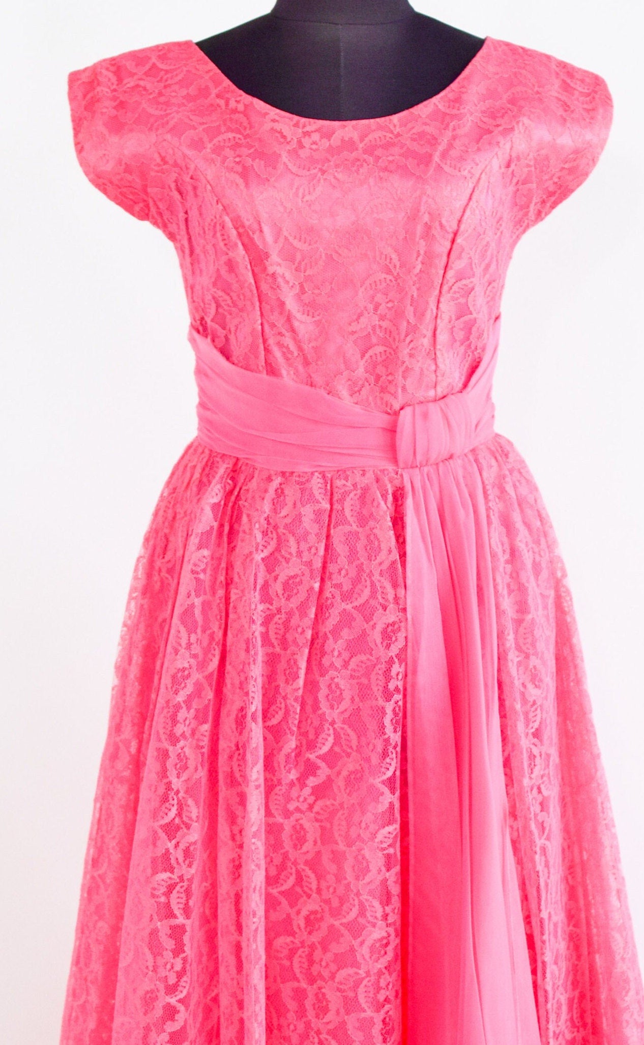 1950s Pink Lace Evening Dress | 50s Pink Lace Formal | Bubblegum Pink Maxi Dress | XS
