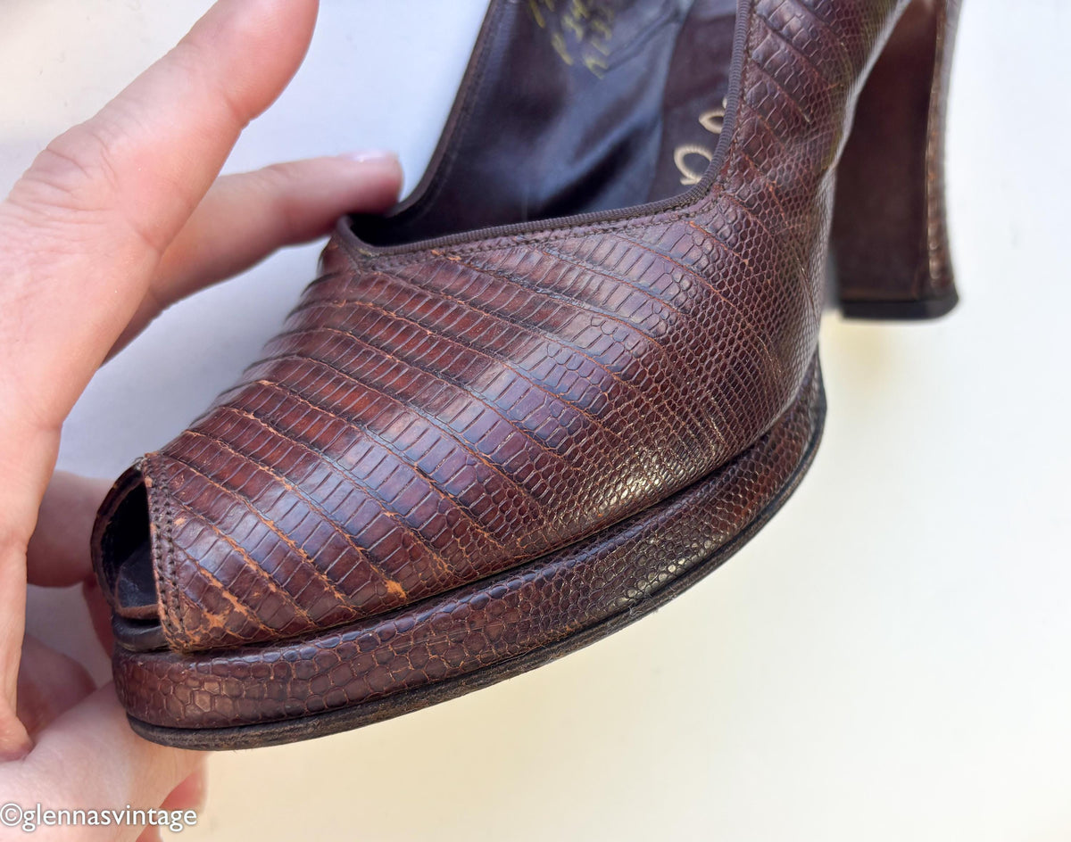 1940s Brown Lizard Platform Slingback Heels, 7.5 A, 38