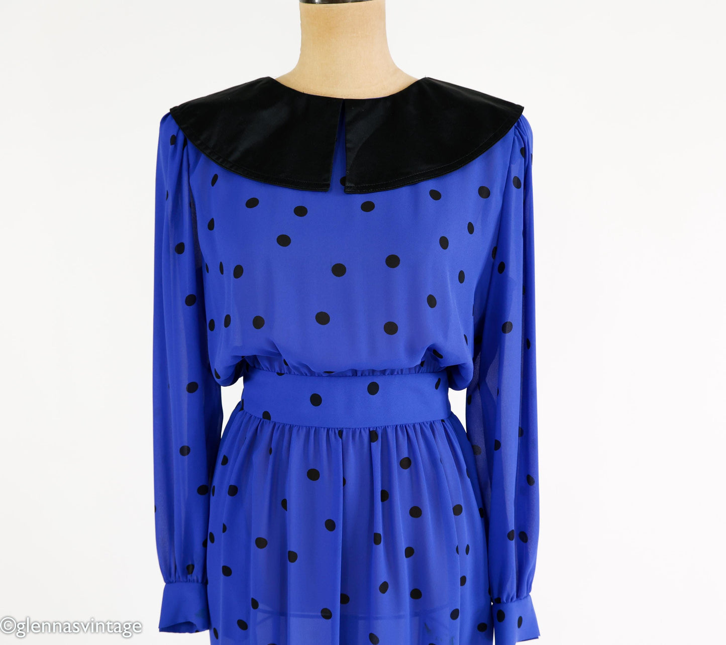 1980s Albert Nipon Blue Polka Dot Chiffon Dress, Small