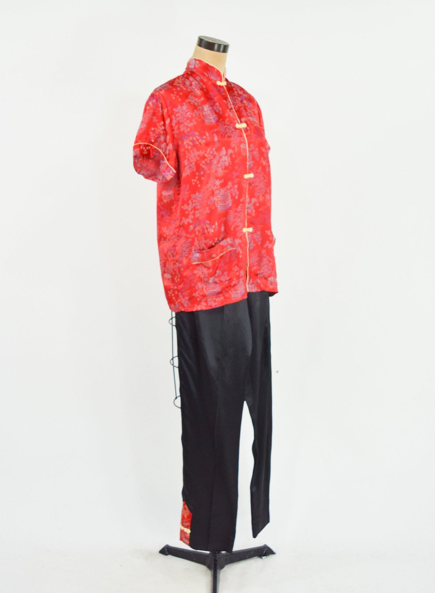 1950s Red Asian Design Pajama Set, Top & Pants Set, Large