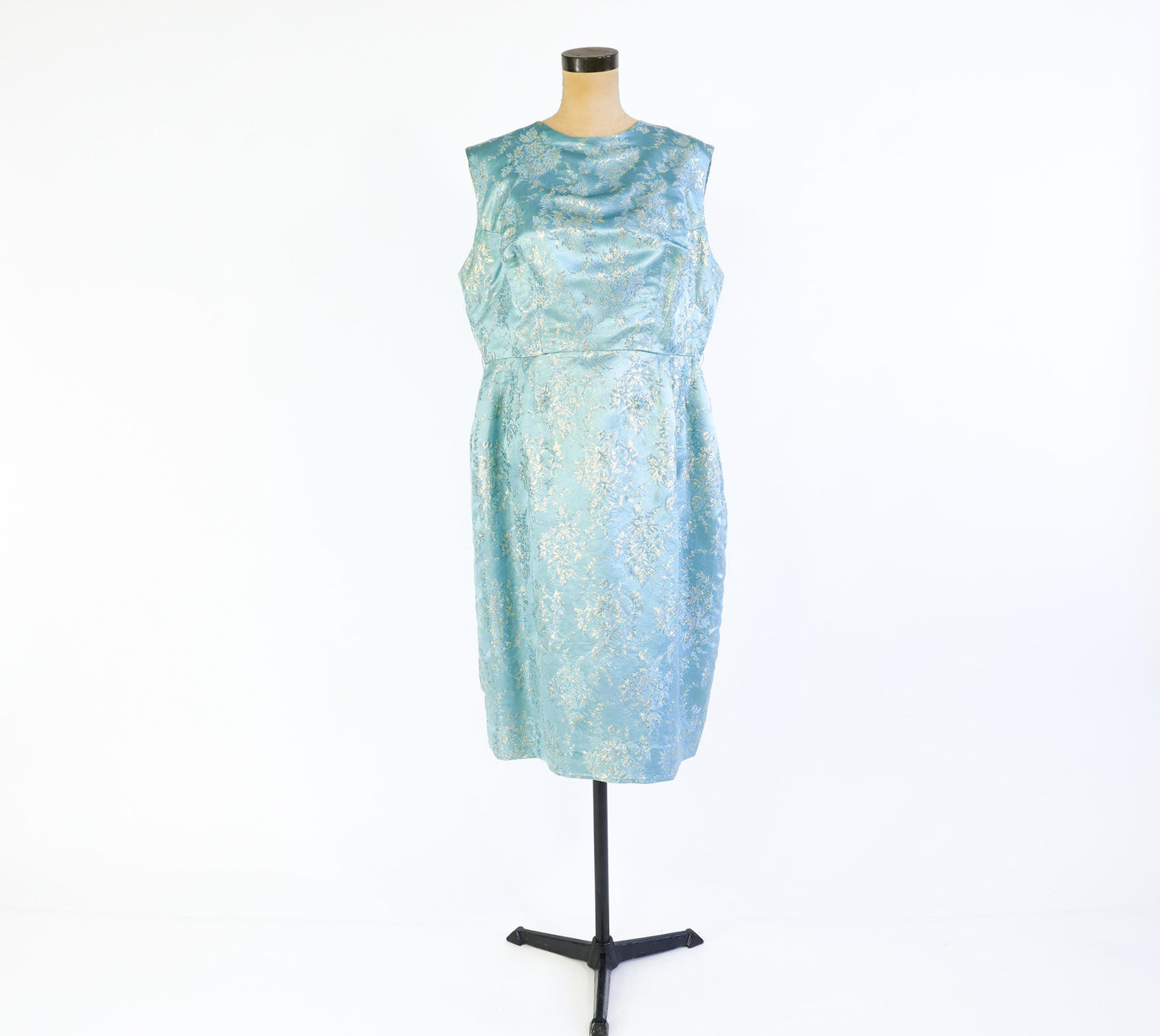 1950s Blue Metallic Jacquard Party Dress, 35" Waist