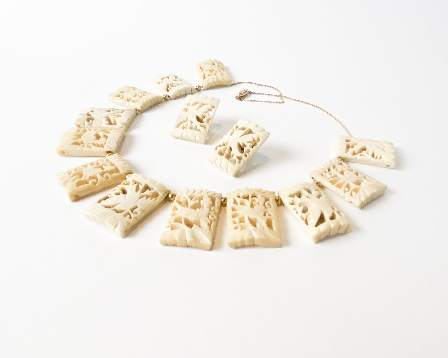 1950s Carved Bone Bird Necklace and Earrings Set