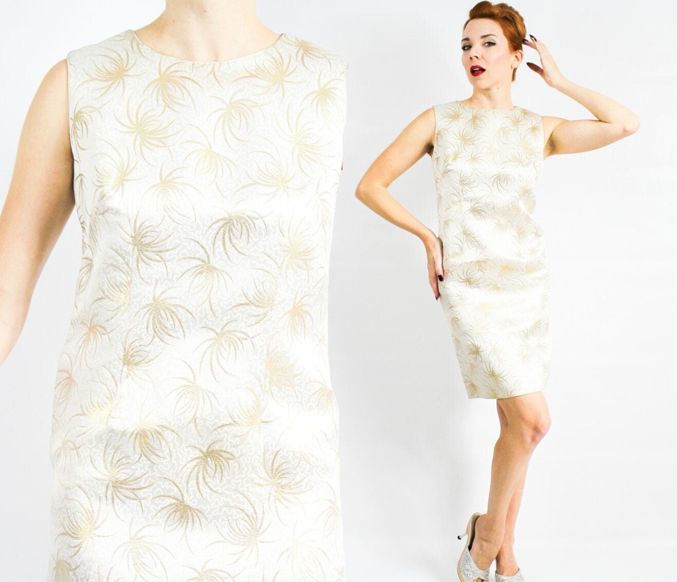 1960s White Brocade Shift Dress | 60s White & Gold Metallic Brocade Dress | Small