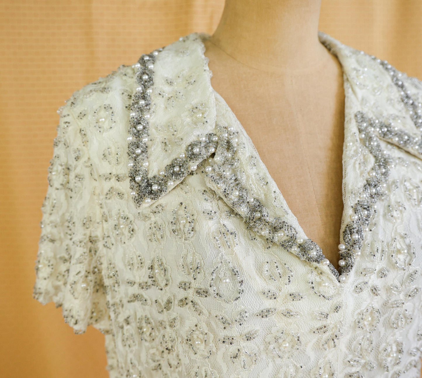 1960s White Silver Beaded Shift Dress, Short Wedding Dress, Extra Large