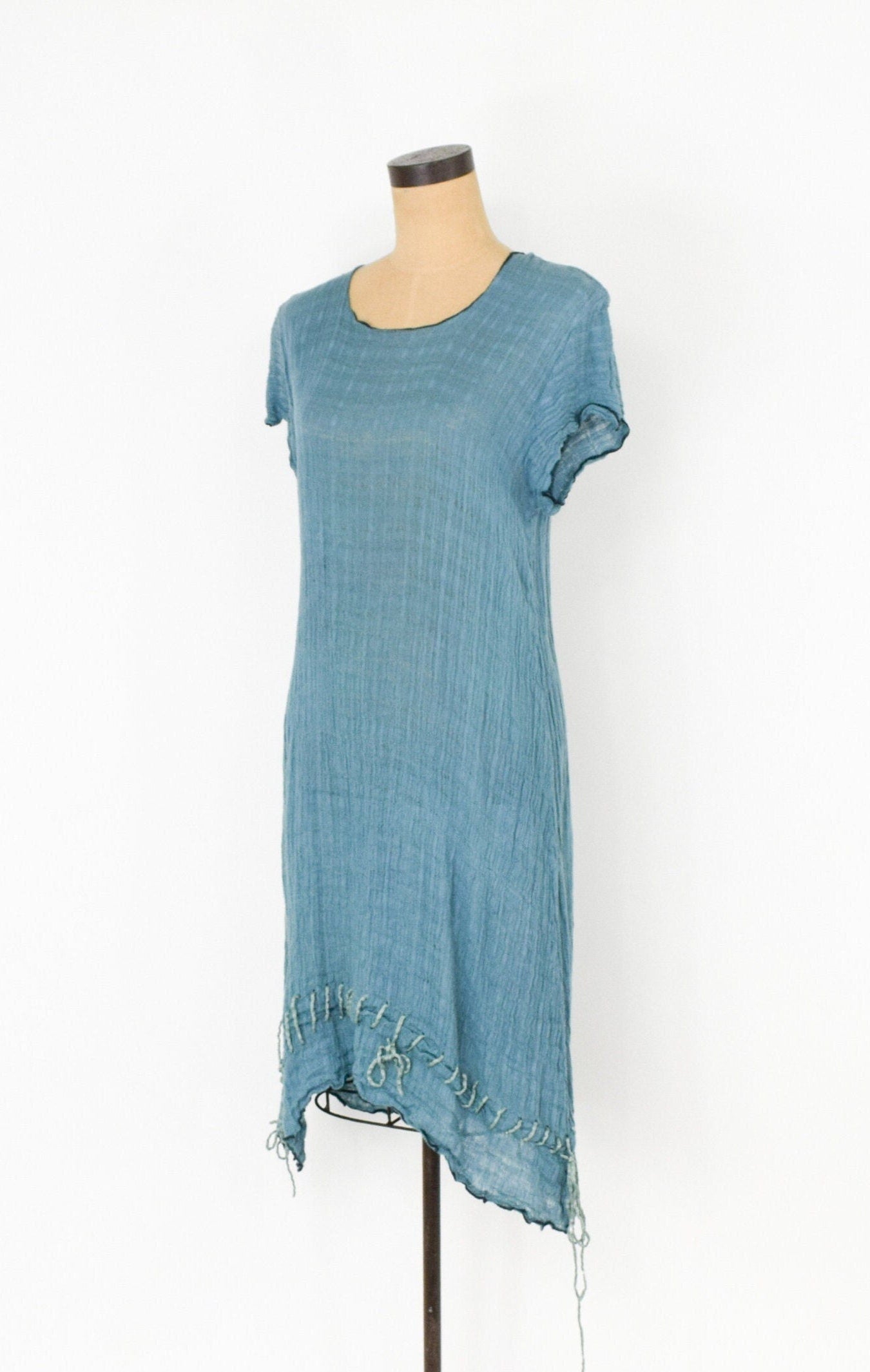 1990s Cynthia Ashby Turquoise Blue Linen Dress, Medium