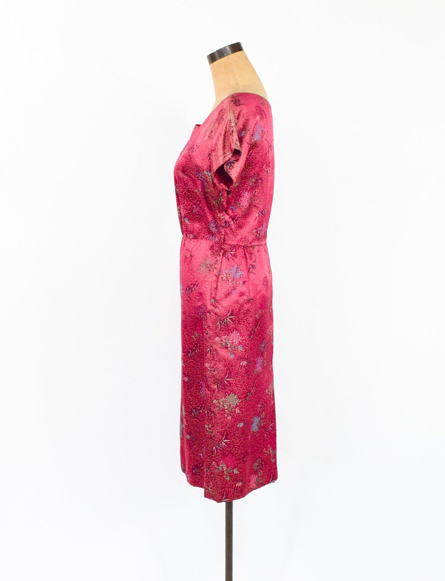 1950s Vintage Cranberry Silk Brocade Sheath | Red Party Dress, M/L