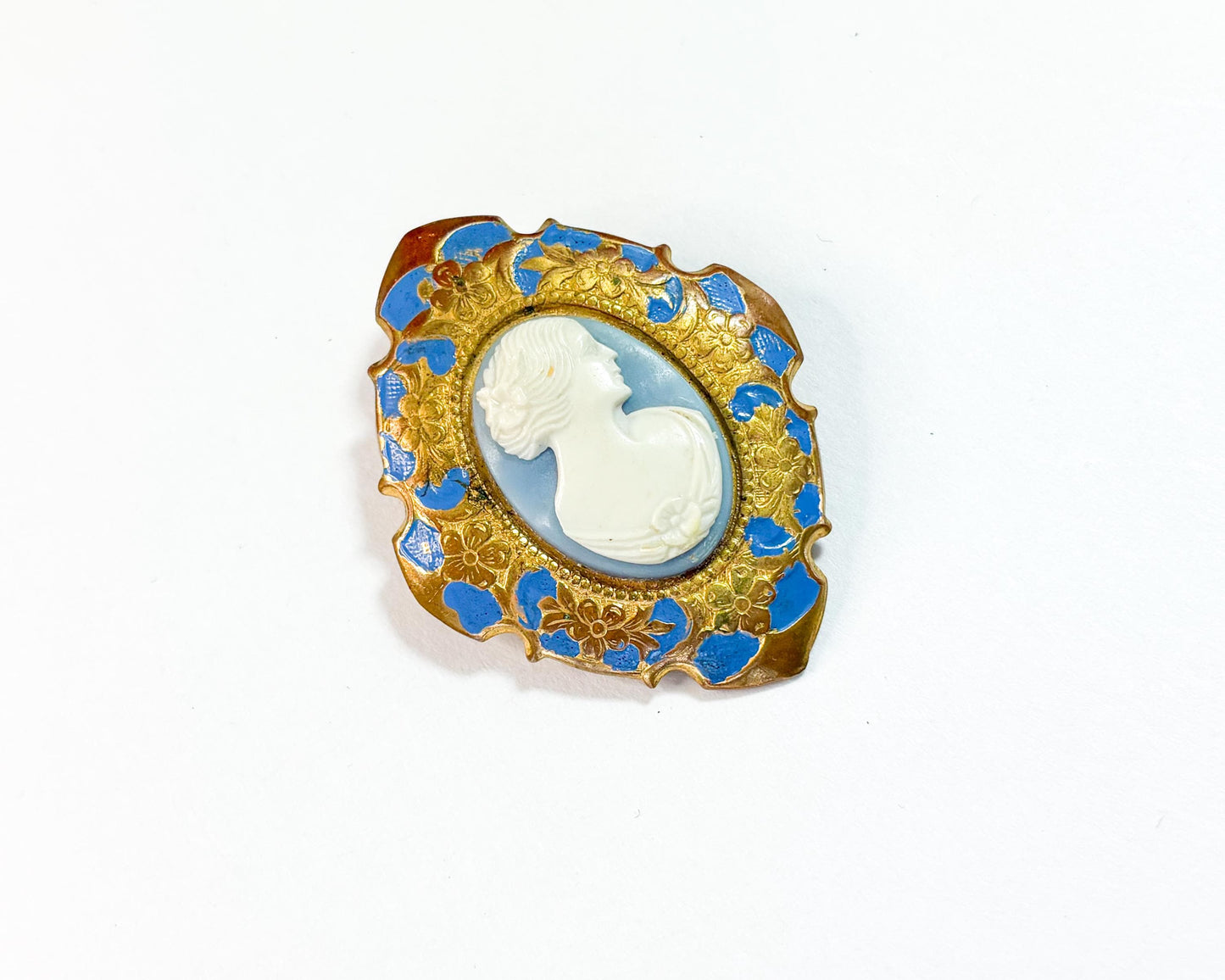 1930s White Blue Vintage Cameo with Brass & Enamel Frame