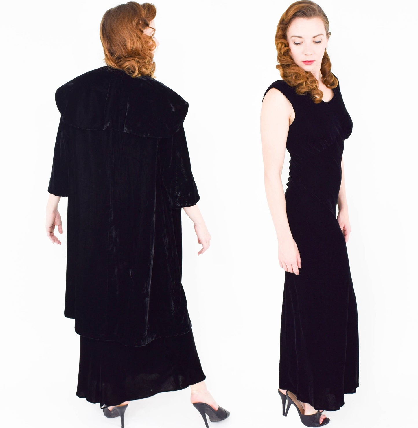 1940s Black Silk Velvet Gown & Coat | 40s Black Silk Velvet Bias Cut Dress Coat Set | Old Hollywood | California | Small