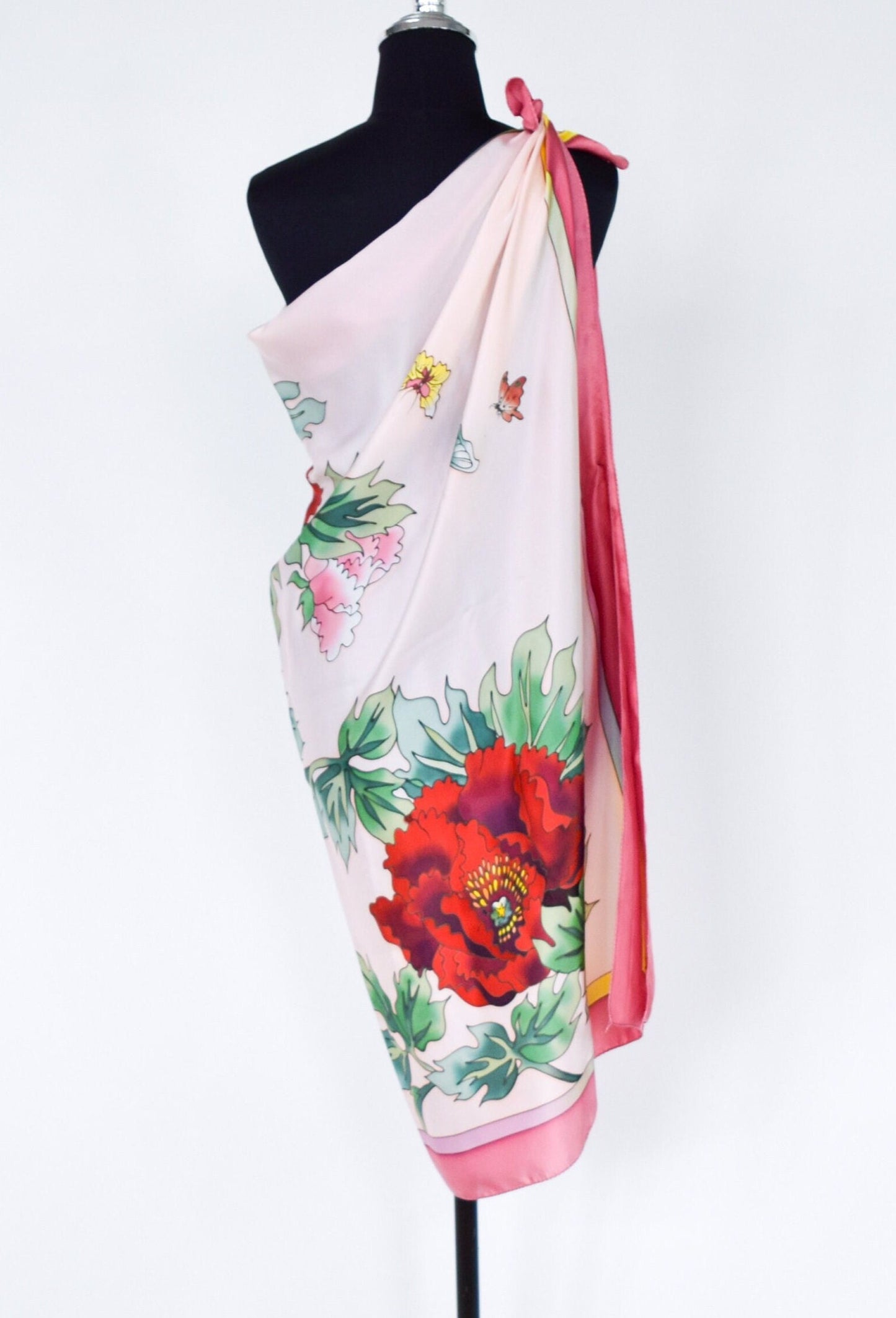 1980s Red Pink Floral Print Silk Scarf, Peony Flowers