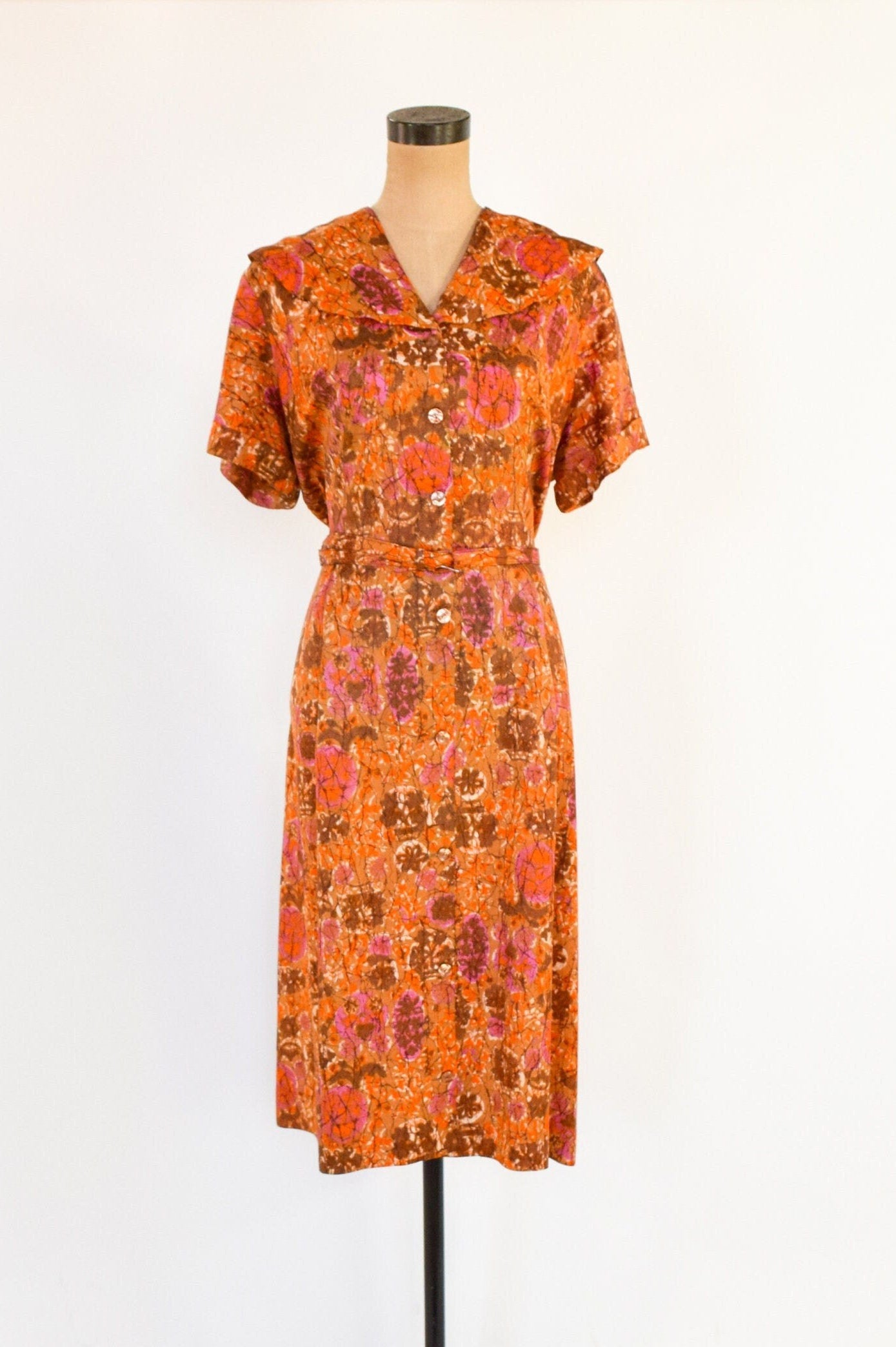 1950s Orange Floral Print Day Dress, Extra Large