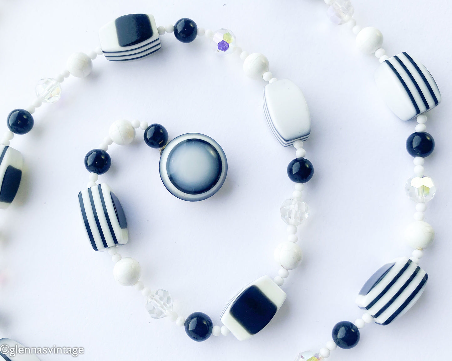 1960s Black & White Plastic Long Beaded Necklace | 60s Black White Crystal Bead Necklace