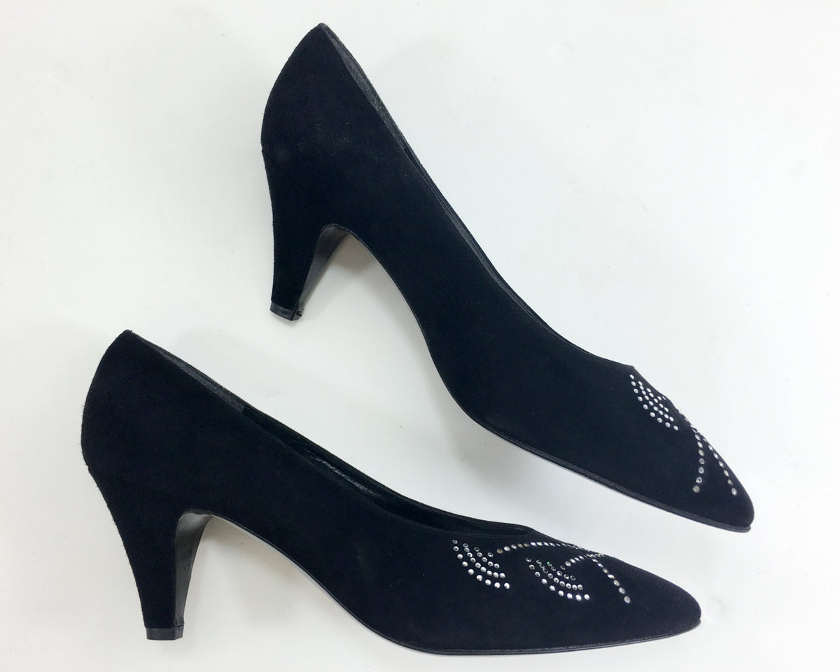 1980s Lanvin Black Suede Rhinestone Embellished Heels, US 9, 38