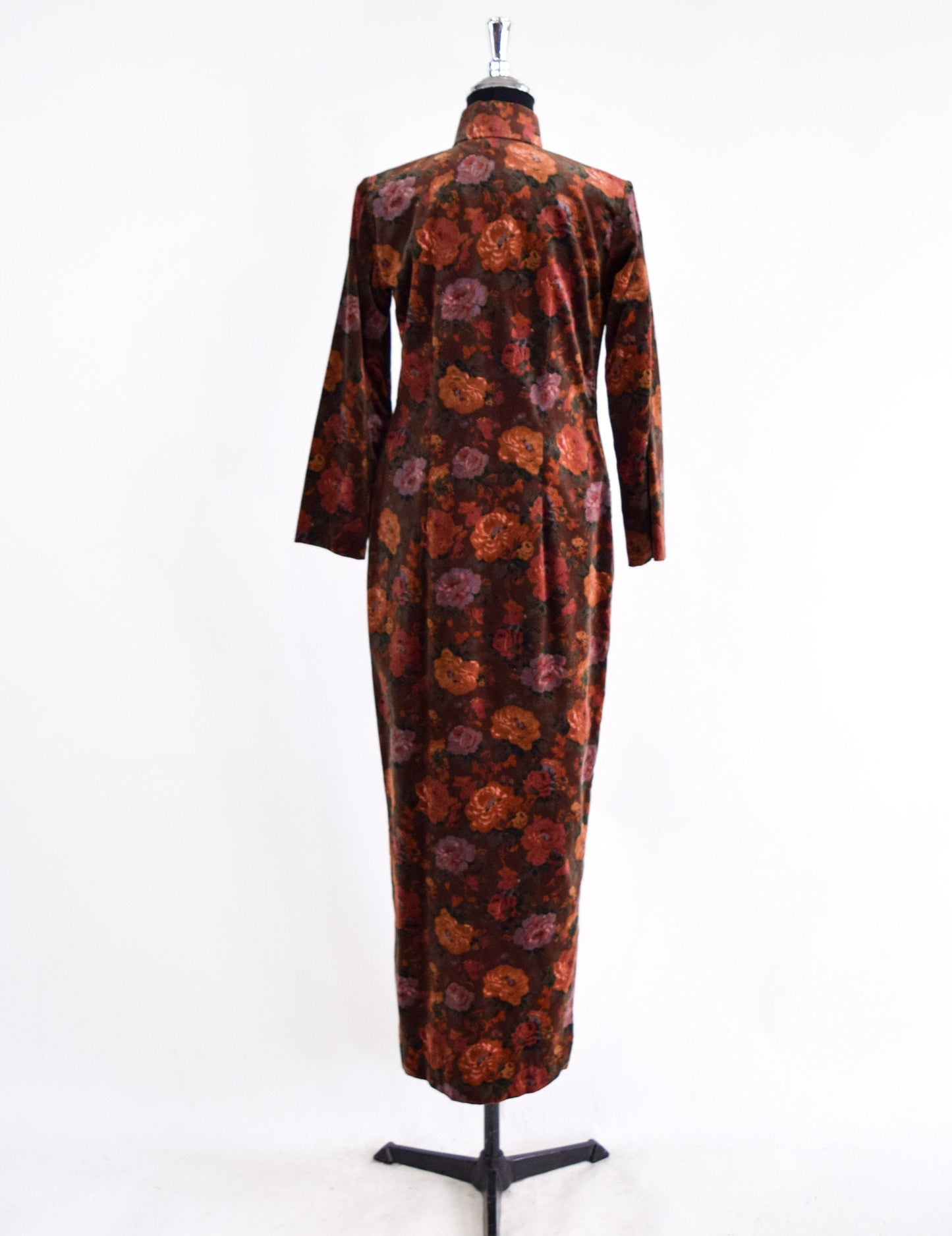 1950s Brown Floral Velvet Cheongsam Dress, Small