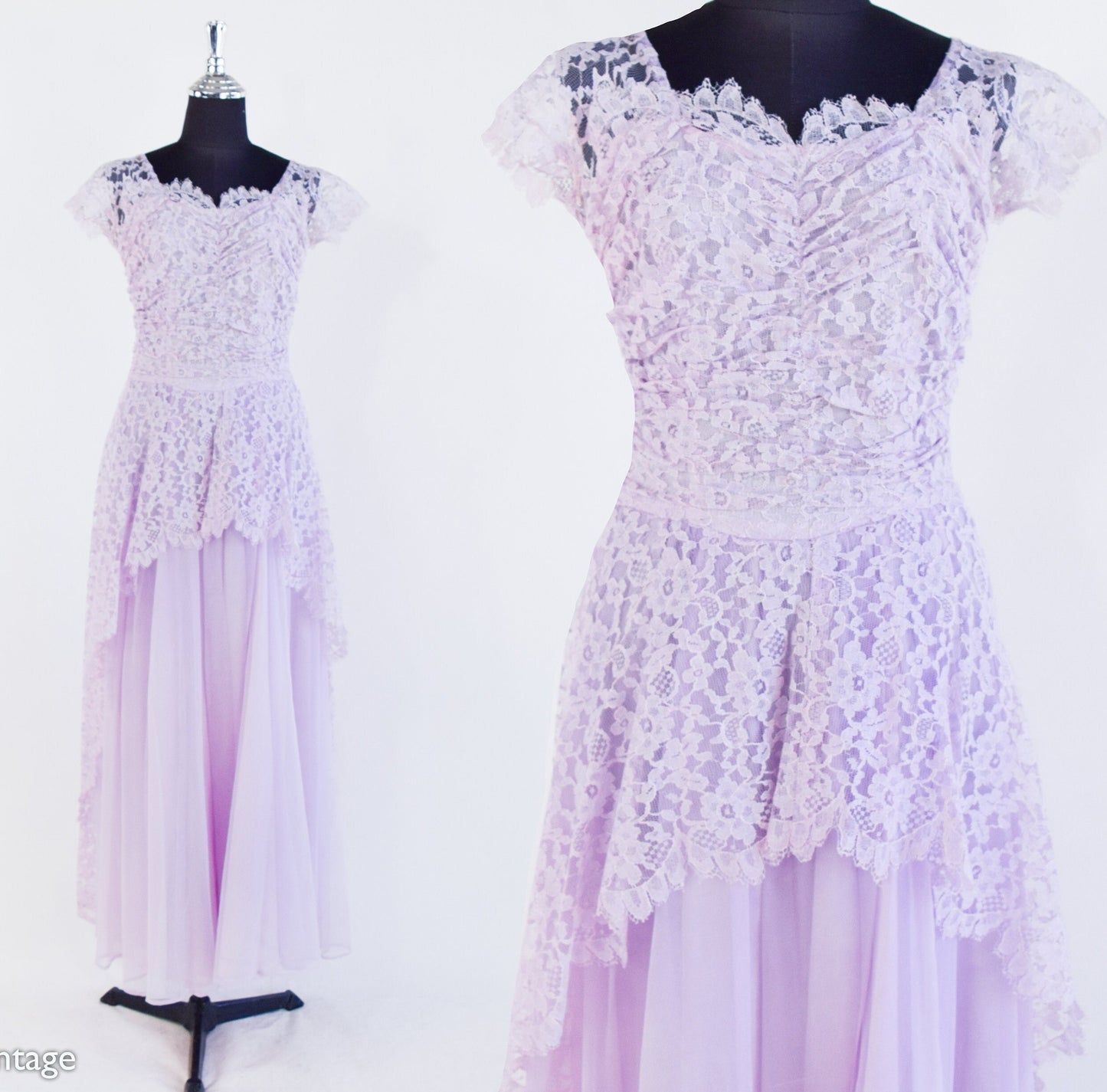 1950s Lavender Purple Lace Prom Dress, Extra Small