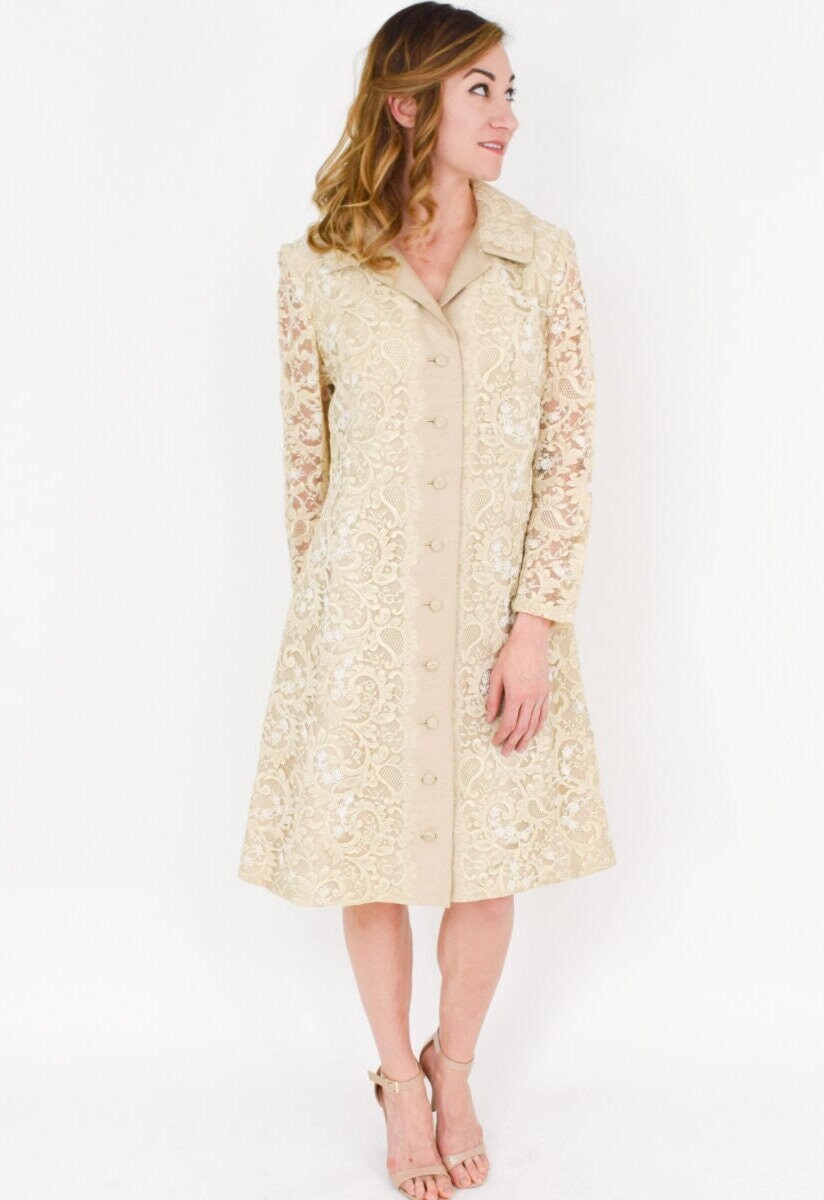 1960s Beige Lace & Silk Shantung Wedding Dress & Coat Set, Medium